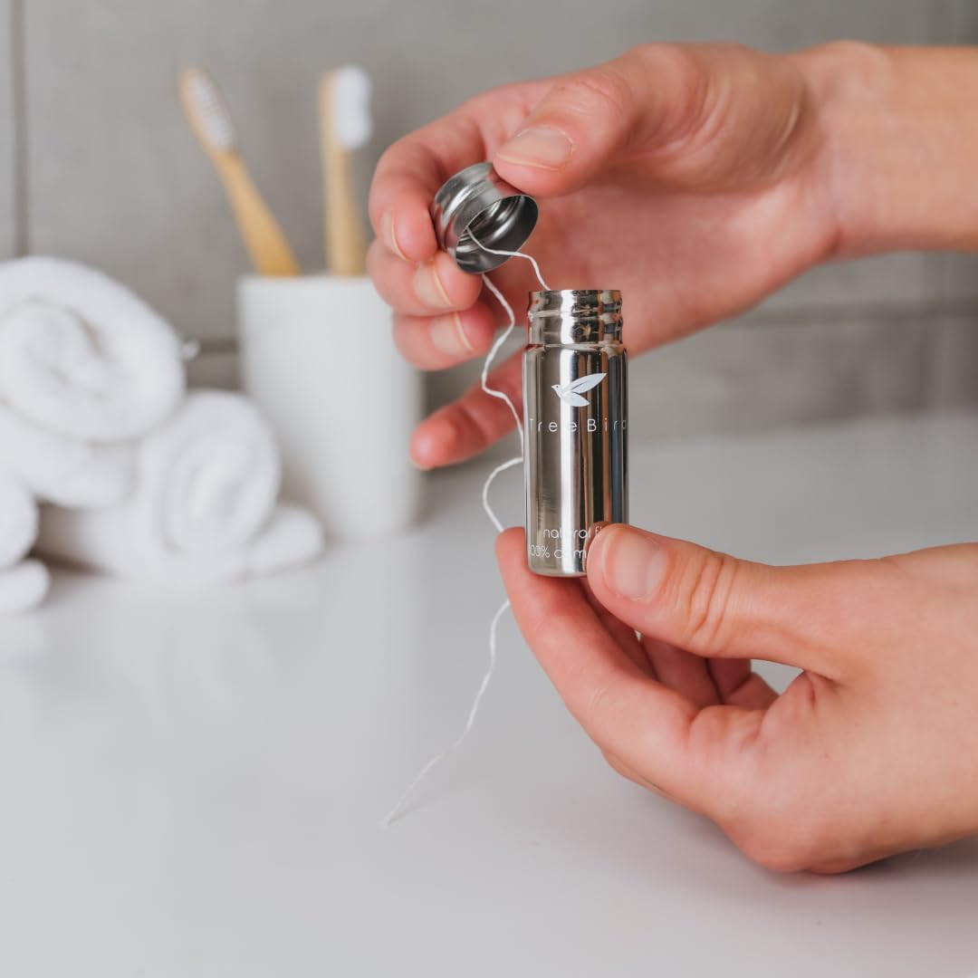 TreeBird Pure Silk Eco Floss Kit - Refillable Floss Dispenser (Stainless Steel) + 2×33 yd Silk Refills | Waxed with Candelilla Wax | Mint