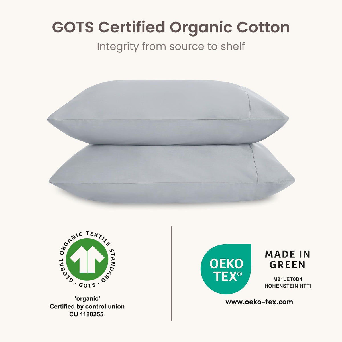 BIOWEAVES 100% Organic Cotton Pillow Cases 300 Thread Count Soft Sateen Weave GOTS Certified – Standard/Queen Size, Set of 2, Natural