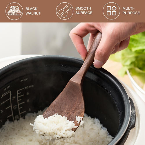 Black Walnut Wooden Cooking Spoons Set - 1 Flat + 1 Angled Rice Scooper, Durable & Eco-Friendly for Cooking & Serving - Perfect for Kitchen Enthusiasts and Gourmet Lovers
