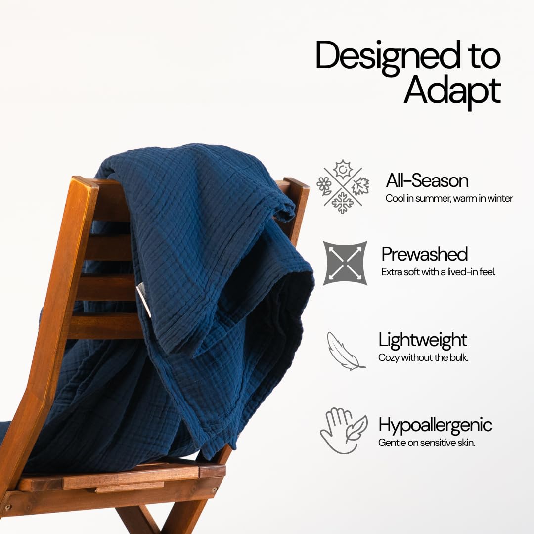 Salt Earth 100% Cotton Muslin Blanket, Gauze Blanket 55"X75" Twin, 6 Layered for Couch, Bed, Living Room, Home, Lightweight & All Season Blankets & Throws, Easy wash, Skin Friendly (Dress Blue/Print)