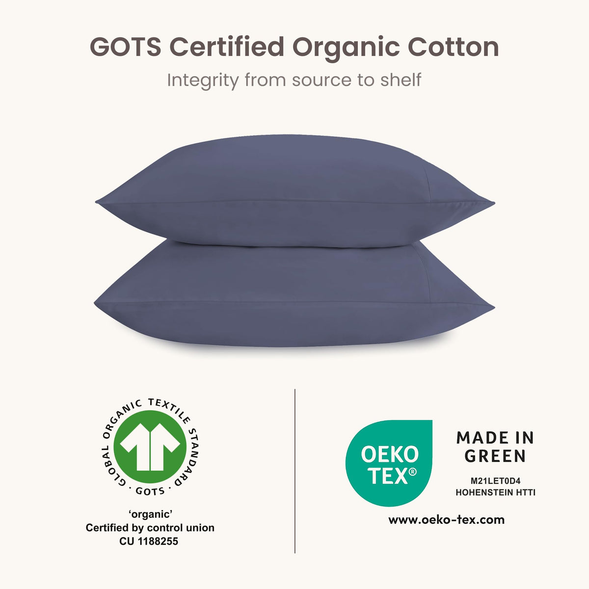 BIOWEAVES 100% Organic Cotton Pillow Cases 300 Thread Count Soft Sateen Weave GOTS Certified – Standard/Queen Size, Set of 2, Natural