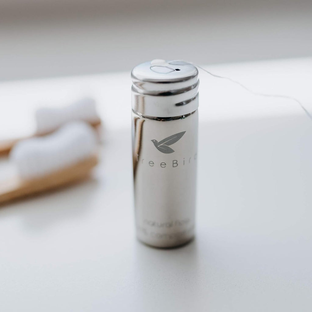 TreeBird Pure Silk Eco Floss Kit - Refillable Floss Dispenser (Stainless Steel) + 2×33 yd Silk Refills | Waxed with Candelilla Wax | Mint