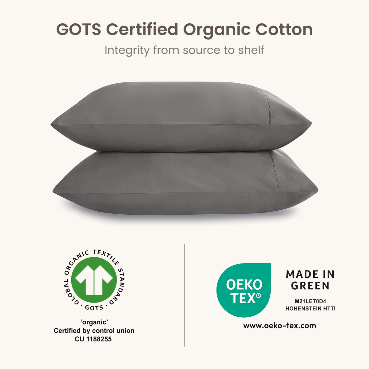 BIOWEAVES 100% Organic Cotton Pillow Cases 300 Thread Count Soft Sateen Weave GOTS Certified – Standard/Queen Size, Set of 2, Natural