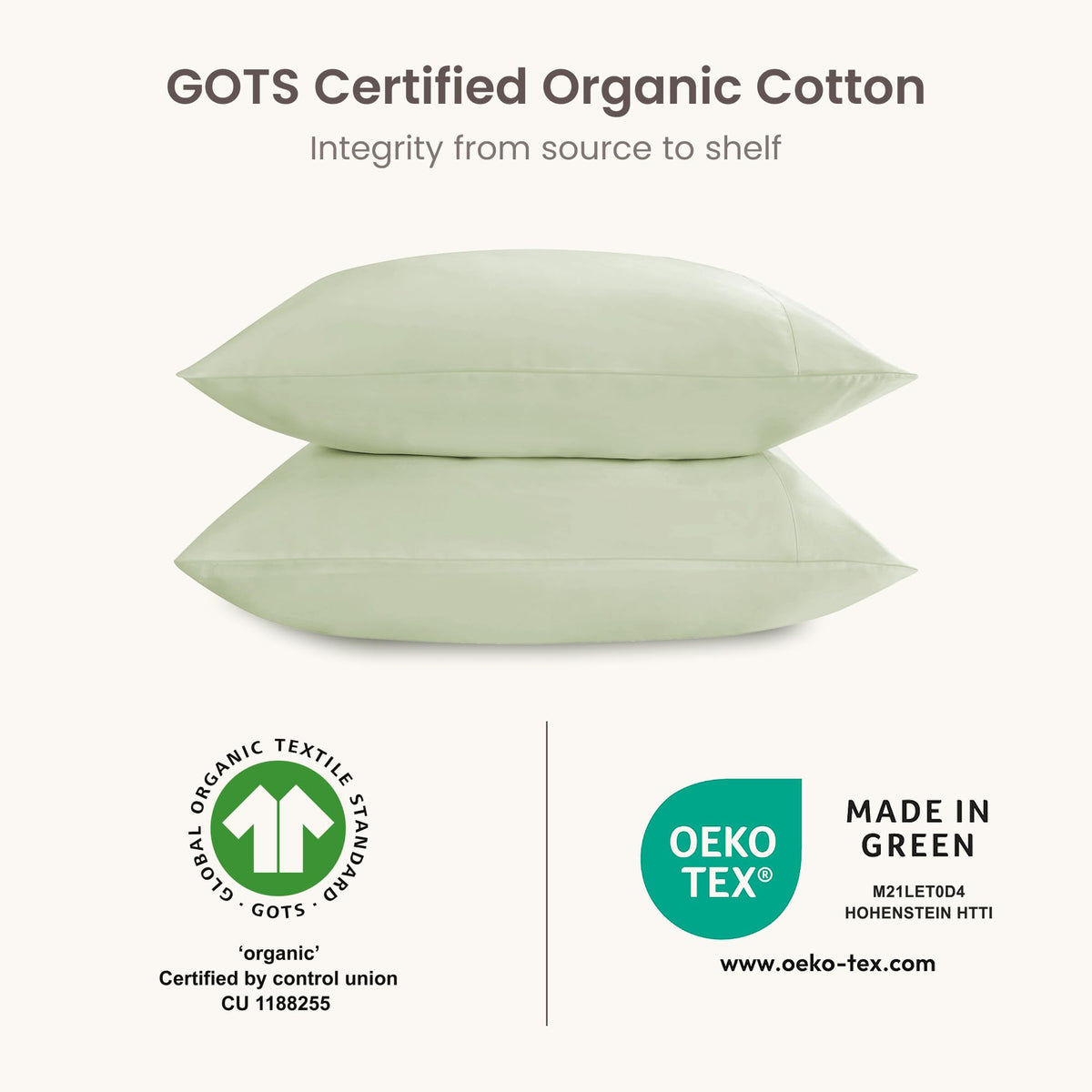 BIOWEAVES 100% Organic Cotton Pillow Cases 300 Thread Count Soft Sateen Weave GOTS Certified – Standard/Queen Size, Set of 2, Natural