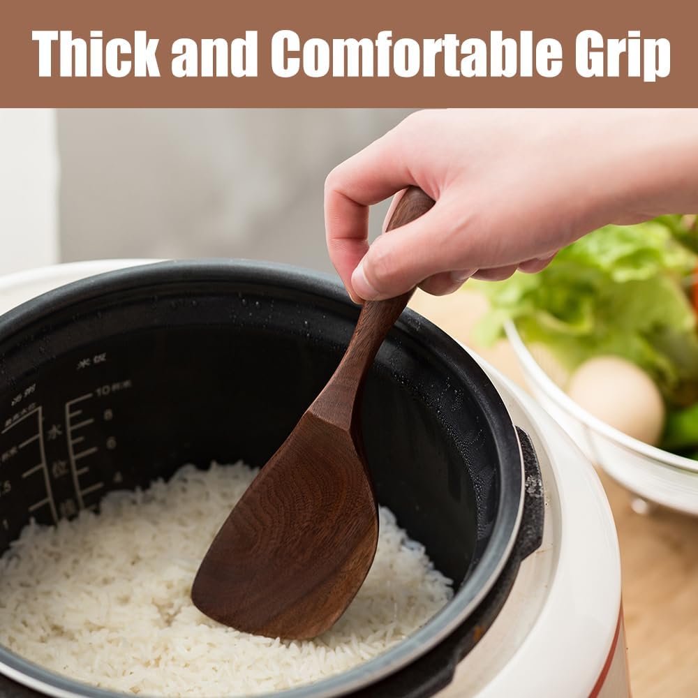 Black Walnut Wooden Cooking Spoons Set - 1 Flat + 1 Angled Rice Scooper, Durable & Eco-Friendly for Cooking & Serving - Perfect for Kitchen Enthusiasts and Gourmet Lovers