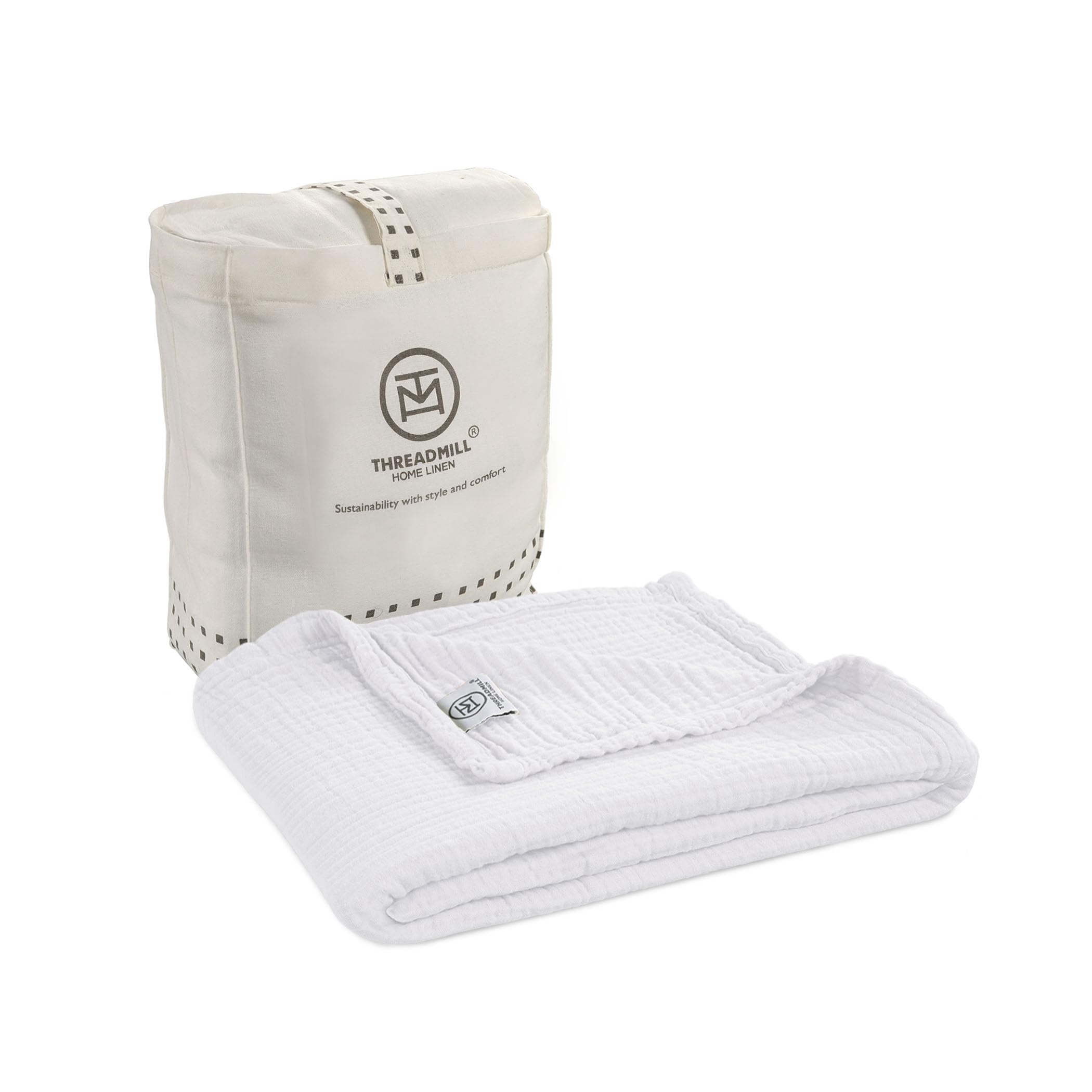 Threadmill Muslin Throw Blanket | 4 Layer 100% Cotton Gauze | Lightweight, Breathable, and Soft All Season Blanket | 50 x 65 Cozy Throw for Sofa, Couch & Bed | Beige