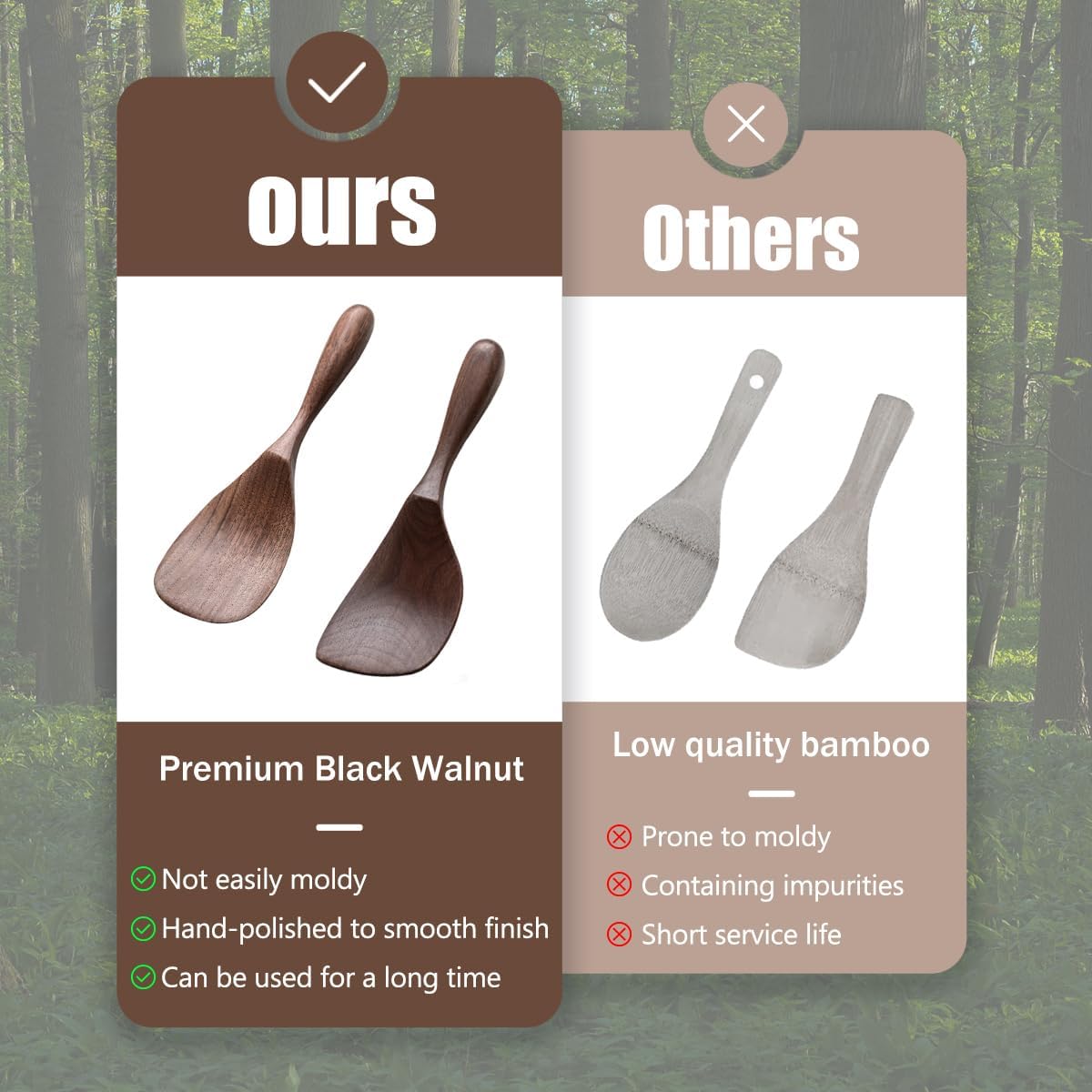 Black Walnut Wooden Cooking Spoons Set - 1 Flat + 1 Angled Rice Scooper, Durable & Eco-Friendly for Cooking & Serving - Perfect for Kitchen Enthusiasts and Gourmet Lovers