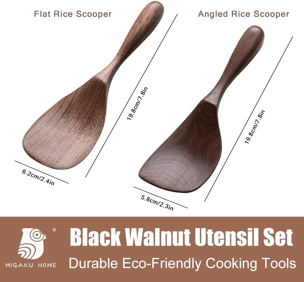 Black Walnut Wooden Cooking Spoons Set - 1 Flat + 1 Angled Rice Scooper, Durable & Eco-Friendly for Cooking & Serving - Perfect for Kitchen Enthusiasts and Gourmet Lovers