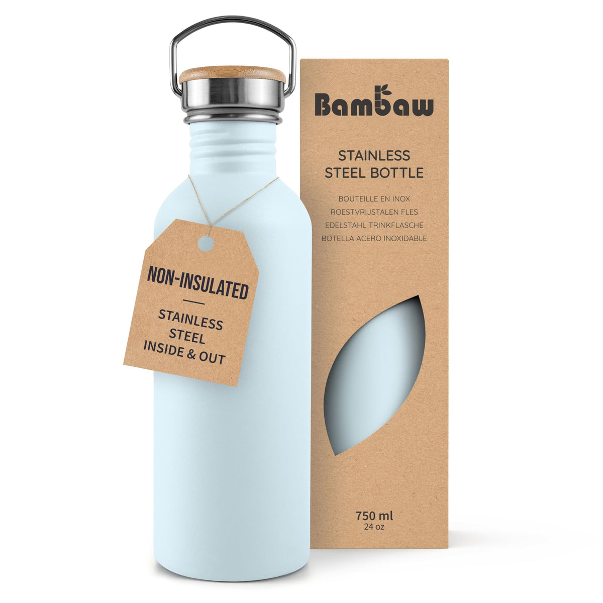 Bambaw Stainless Steel Water Bottles 32 oz, Non-insulated Single Wall Metal Water Bottle Stainless Steel, Reusable & Eco Friendly, Dishwasher Safe – Silver | Non-insulated