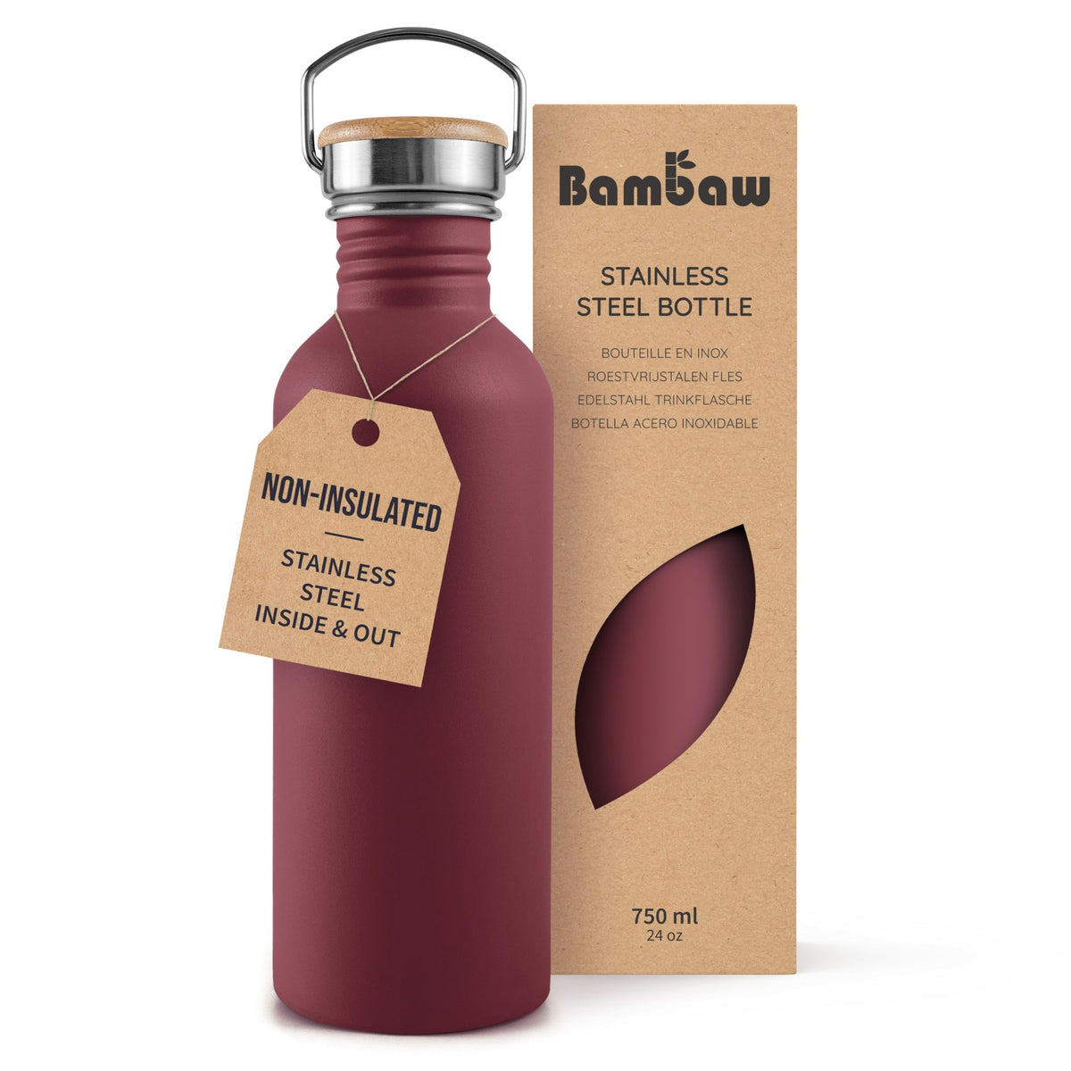 Bambaw Stainless Steel Water Bottles 32 oz, Non-insulated Single Wall Metal Water Bottle Stainless Steel, Reusable & Eco Friendly, Dishwasher Safe – Silver | Non-insulated