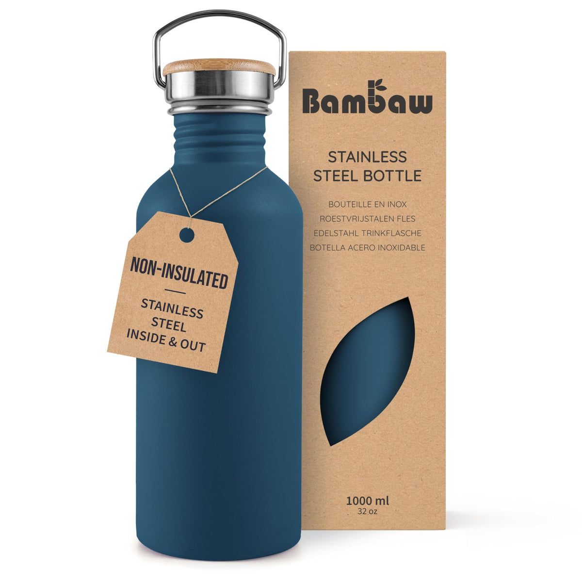 Bambaw Stainless Steel Water Bottles 32 oz, Non-insulated Single Wall Metal Water Bottle Stainless Steel, Reusable & Eco Friendly, Dishwasher Safe – Silver | Non-insulated