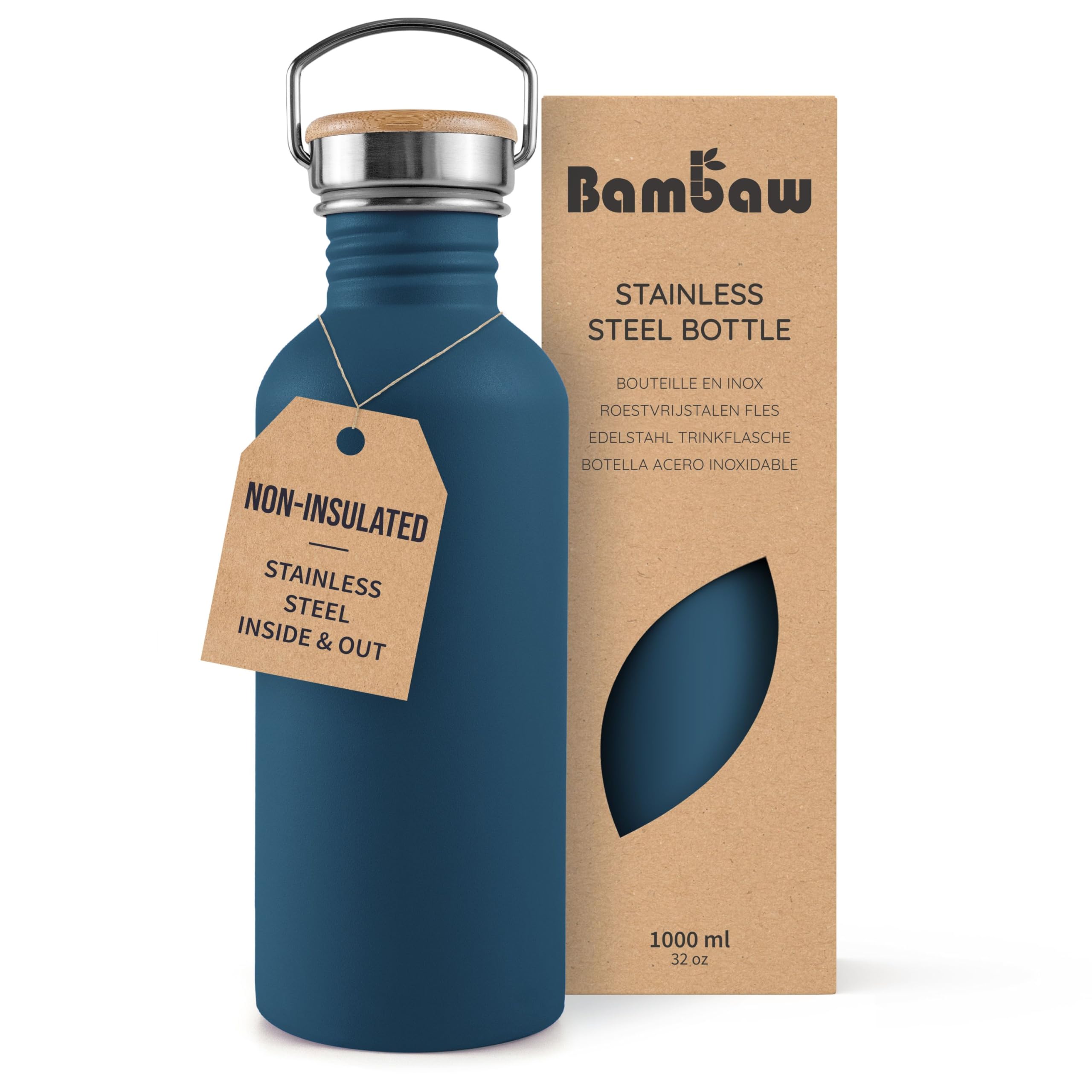Bambaw Stainless Steel Water Bottles 32 oz, Non-insulated Single Wall Metal Water Bottle Stainless Steel, Reusable & Eco Friendly, Dishwasher Safe – Silver | Non-insulated