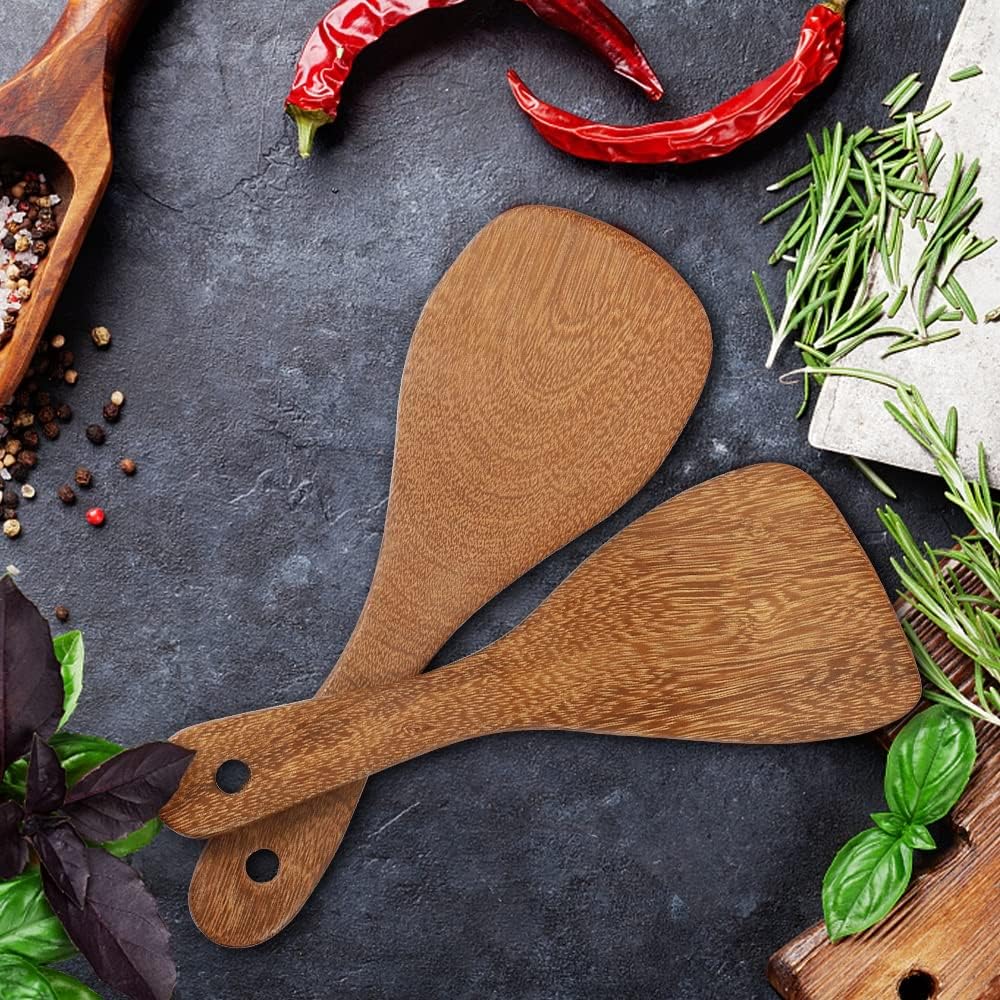 PAMISO 2 PCS Rice Paddle, 8 Inch Natural Wood Rice Spoon Paddle Kitchen Spatula Potato Server