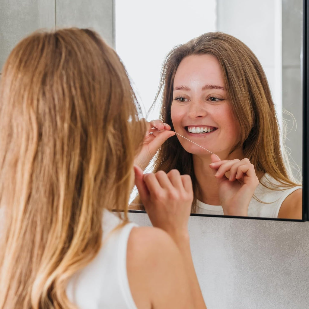 TreeBird Pure Silk Eco Floss Kit - Refillable Floss Dispenser (Stainless Steel) + 2×33 yd Silk Refills | Waxed with Candelilla Wax | Mint