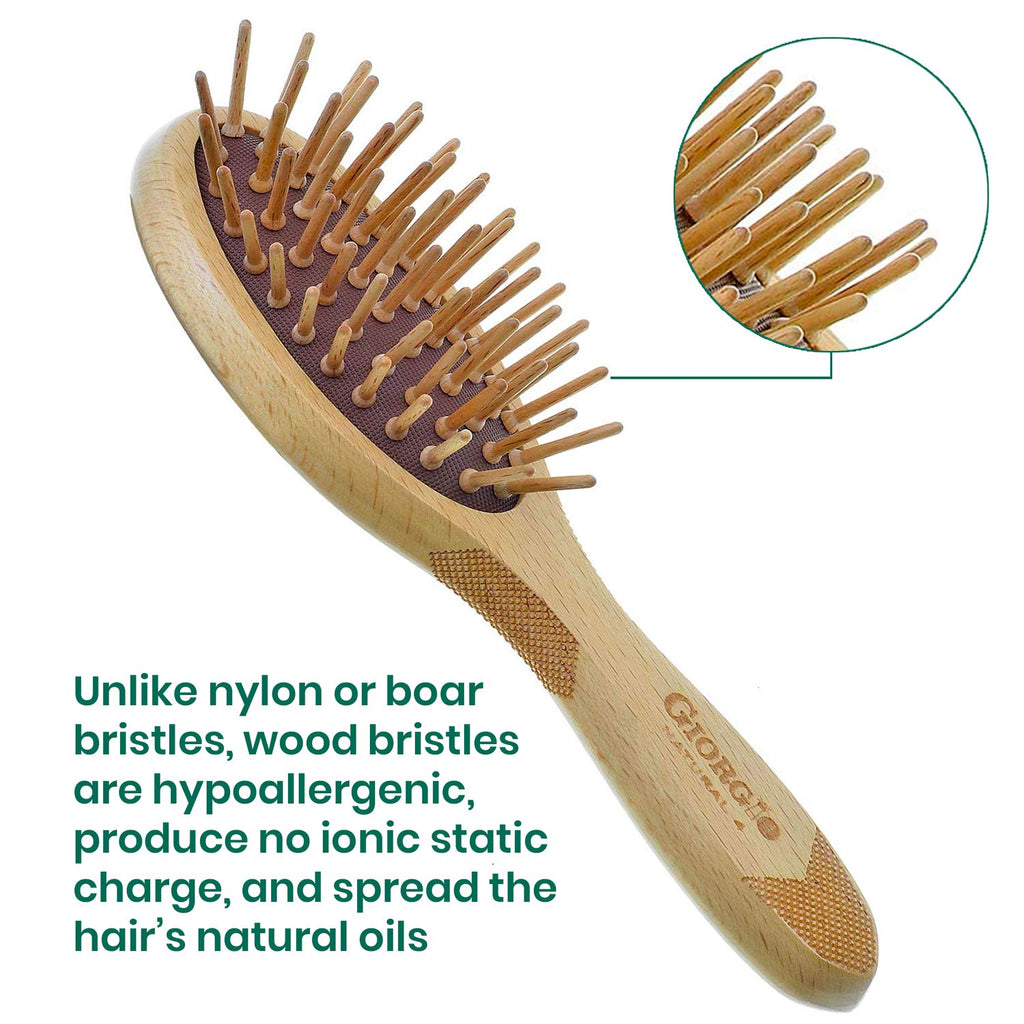 Giorgio Eco Friendly Wooden Bristle Hairbrush - Large Detangling Brush and Hair Growth Brush for Thick or Long Hair - Oval Paddle Hair Brush Made with Anti Static Beechwood, Silicone Massage Cushion