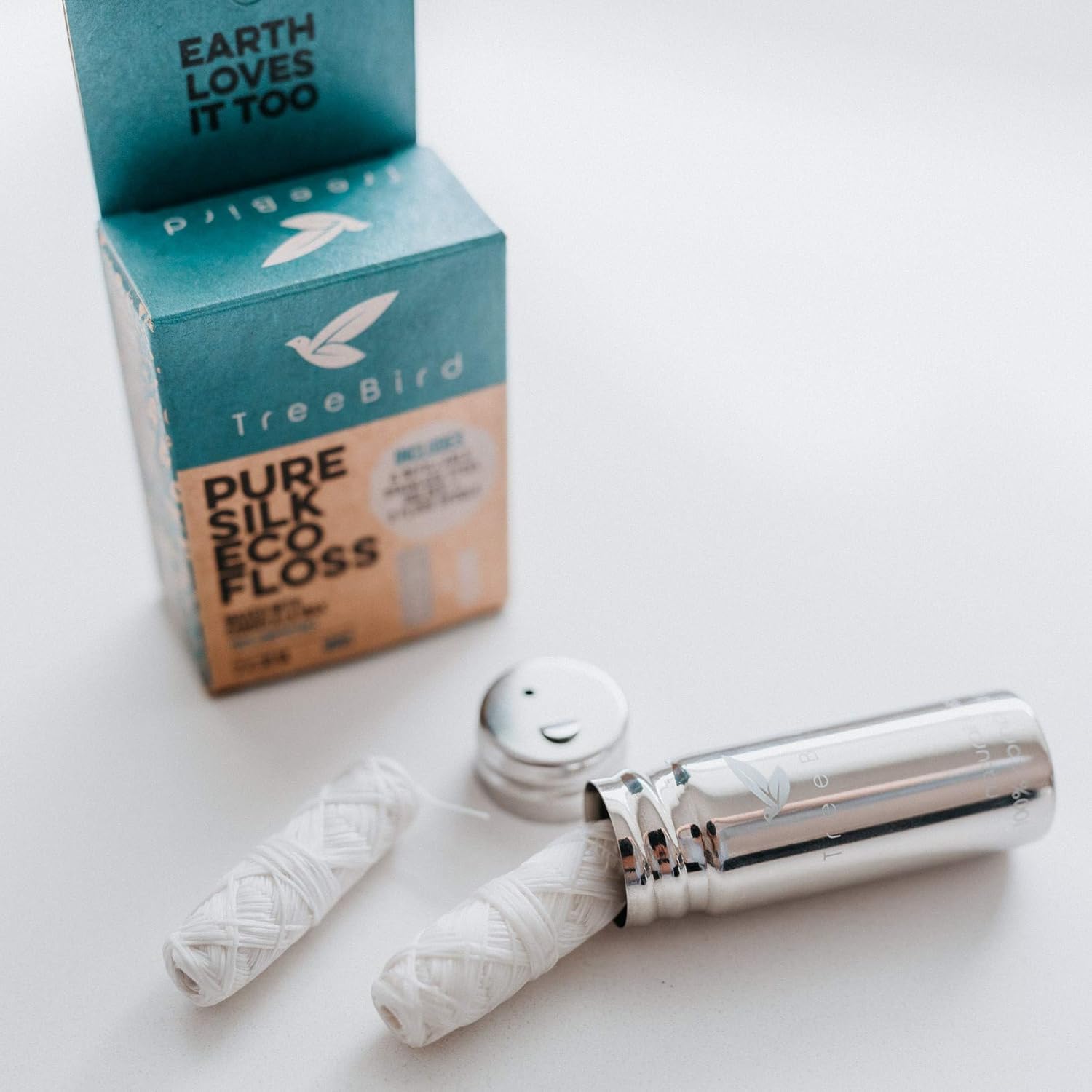TreeBird Pure Silk Eco Floss Kit - Refillable Floss Dispenser (Stainless Steel) + 2×33 yd Silk Refills | Waxed with Candelilla Wax | Mint
