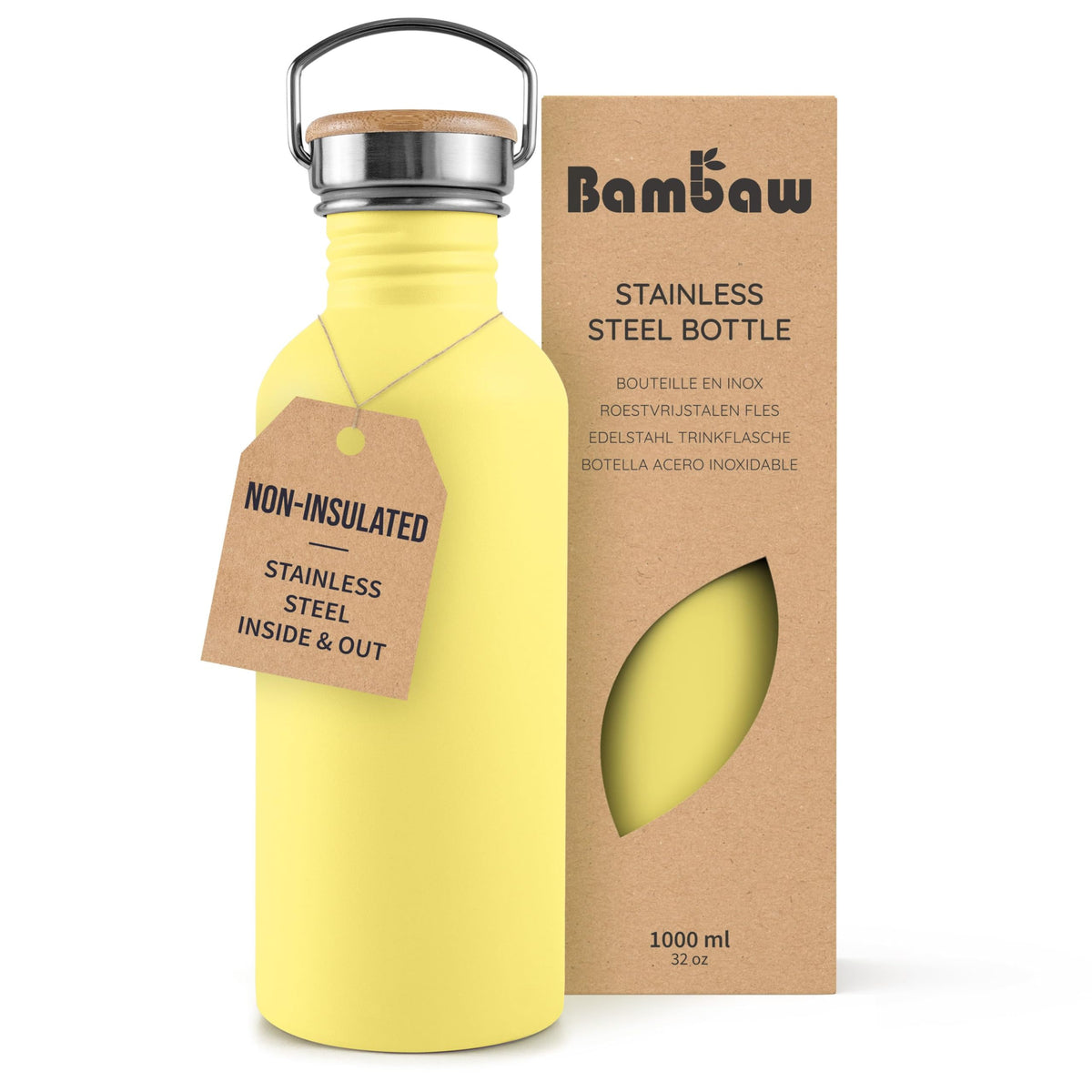 Bambaw Stainless Steel Water Bottles 32 oz, Non-insulated Single Wall Metal Water Bottle Stainless Steel, Reusable & Eco Friendly, Dishwasher Safe – Silver | Non-insulated