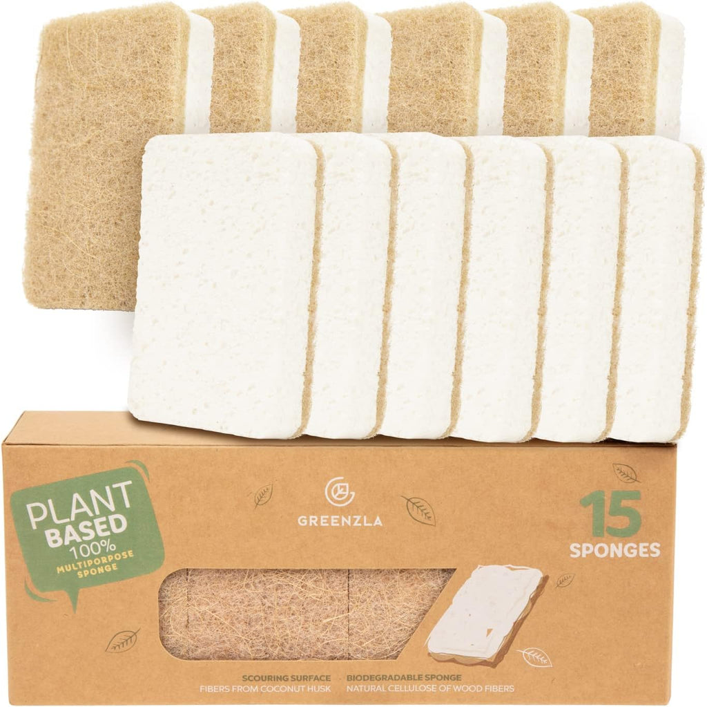 Greenzla Kitchen Sponges, Plant-Based Dish Sponges, Non-Scratch Sisal Hemp Scouring Pads for Dishes, Countertops, Bathtubs, and Tiles, 12 Pack
