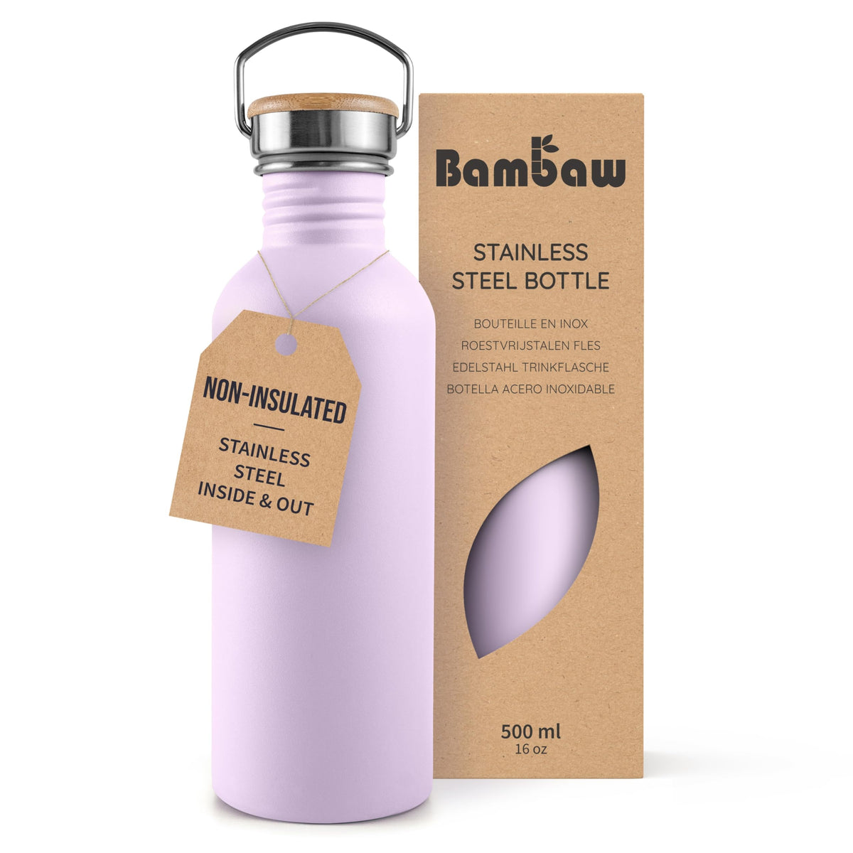 Bambaw Stainless Steel Water Bottles 32 oz, Non-insulated Single Wall Metal Water Bottle Stainless Steel, Reusable & Eco Friendly, Dishwasher Safe – Silver | Non-insulated