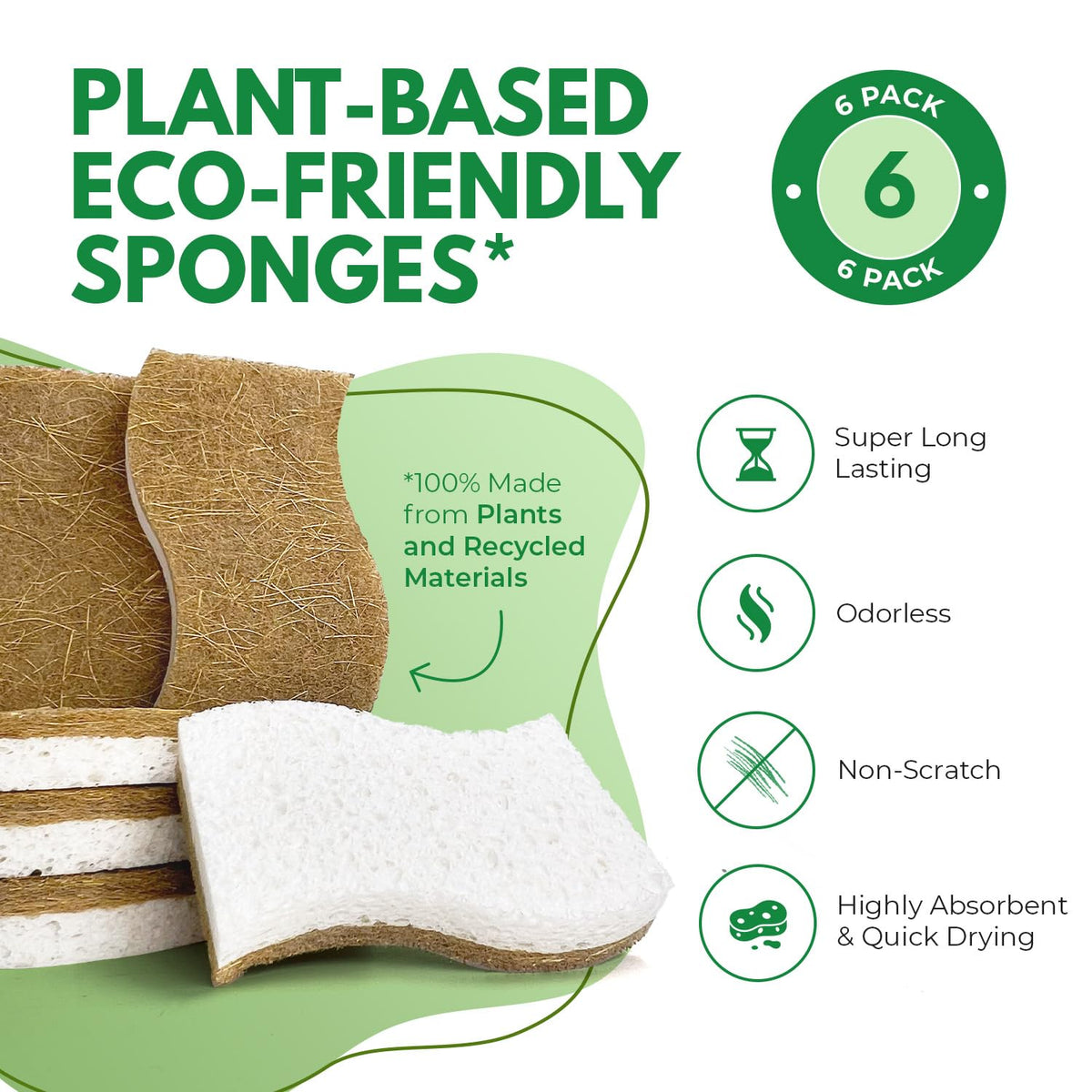 AIRNEX Biodegradable Natural Kitchen Sponge - Compostable Cellulose and Coconut Walnut Scrubber Sponge (12 Pack)