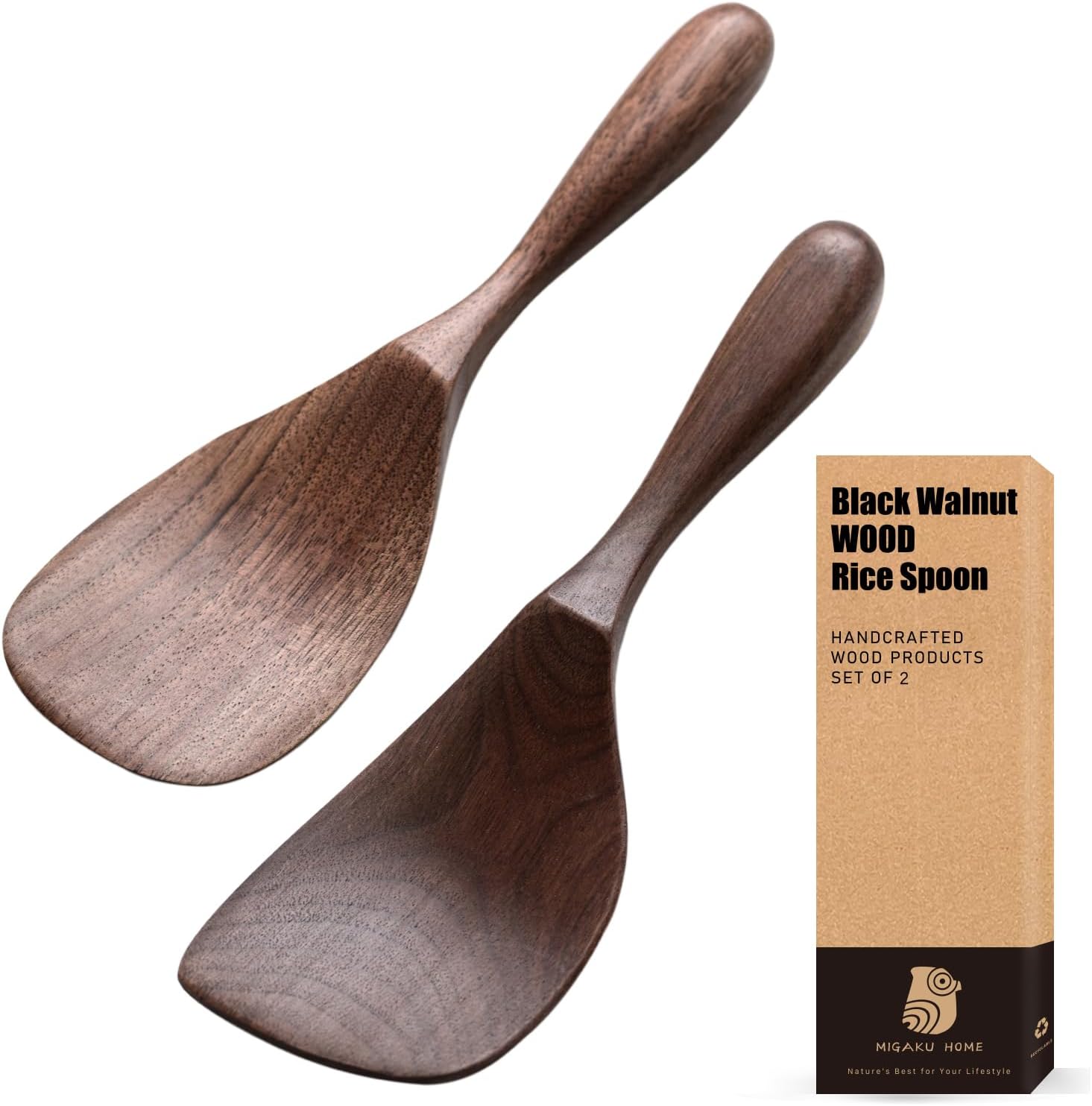 Black Walnut Wooden Cooking Spoons Set - 1 Flat + 1 Angled Rice Scooper, Durable & Eco-Friendly for Cooking & Serving - Perfect for Kitchen Enthusiasts and Gourmet Lovers