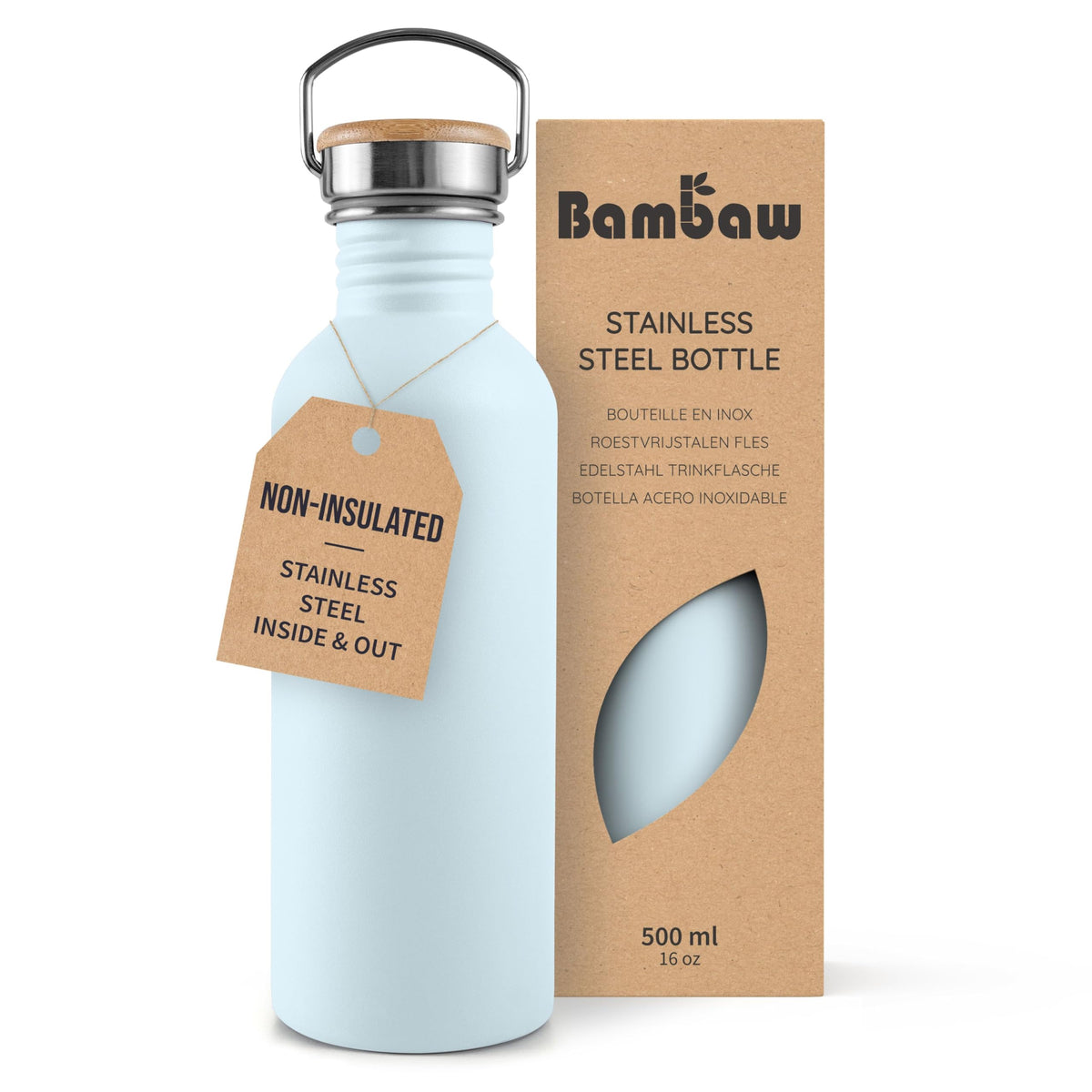 Bambaw Stainless Steel Water Bottles 32 oz, Non-insulated Single Wall Metal Water Bottle Stainless Steel, Reusable & Eco Friendly, Dishwasher Safe – Silver | Non-insulated