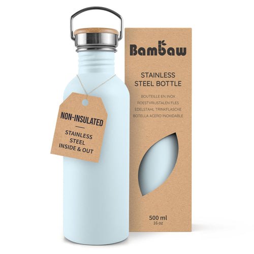 Bambaw Stainless Steel Water Bottles 32 oz, Non-insulated Single Wall Metal Water Bottle Stainless Steel, Reusable & Eco Friendly, Dishwasher Safe – Silver | Non-insulated