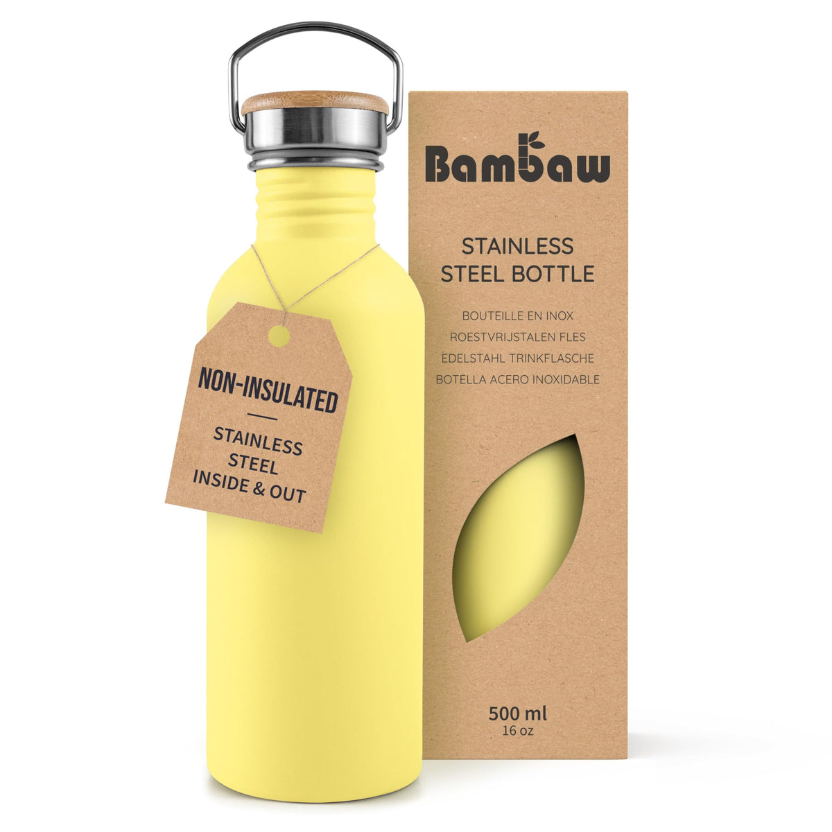 Bambaw Stainless Steel Water Bottles 32 oz, Non-insulated Single Wall Metal Water Bottle Stainless Steel, Reusable & Eco Friendly, Dishwasher Safe – Silver | Non-insulated