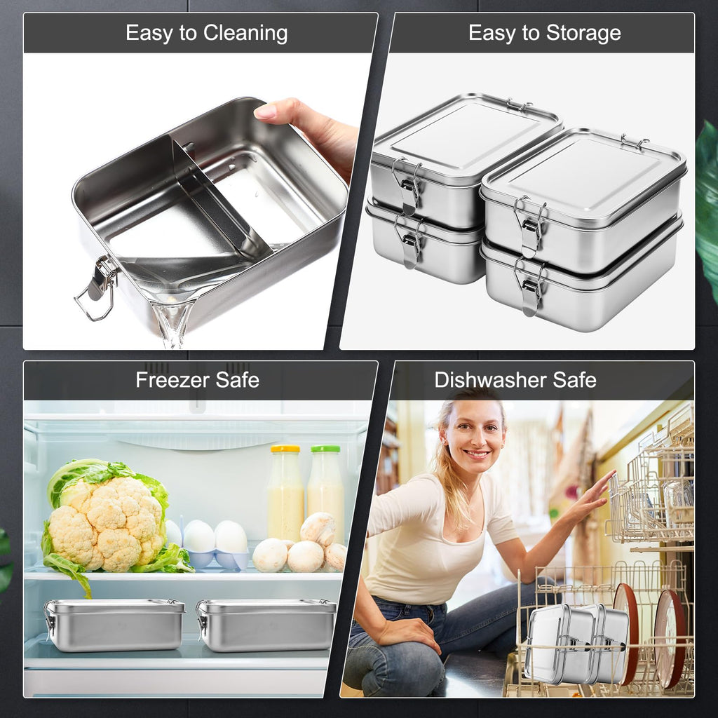 Umigy 4 Pcs Stainless Steel Food Containers Metal Bento Lunch Box Stainless Steel Food Storage Containers, Lockable Clips to Leak Proof, Reusable Dishwasher Snack Boxes for Work (550ml)