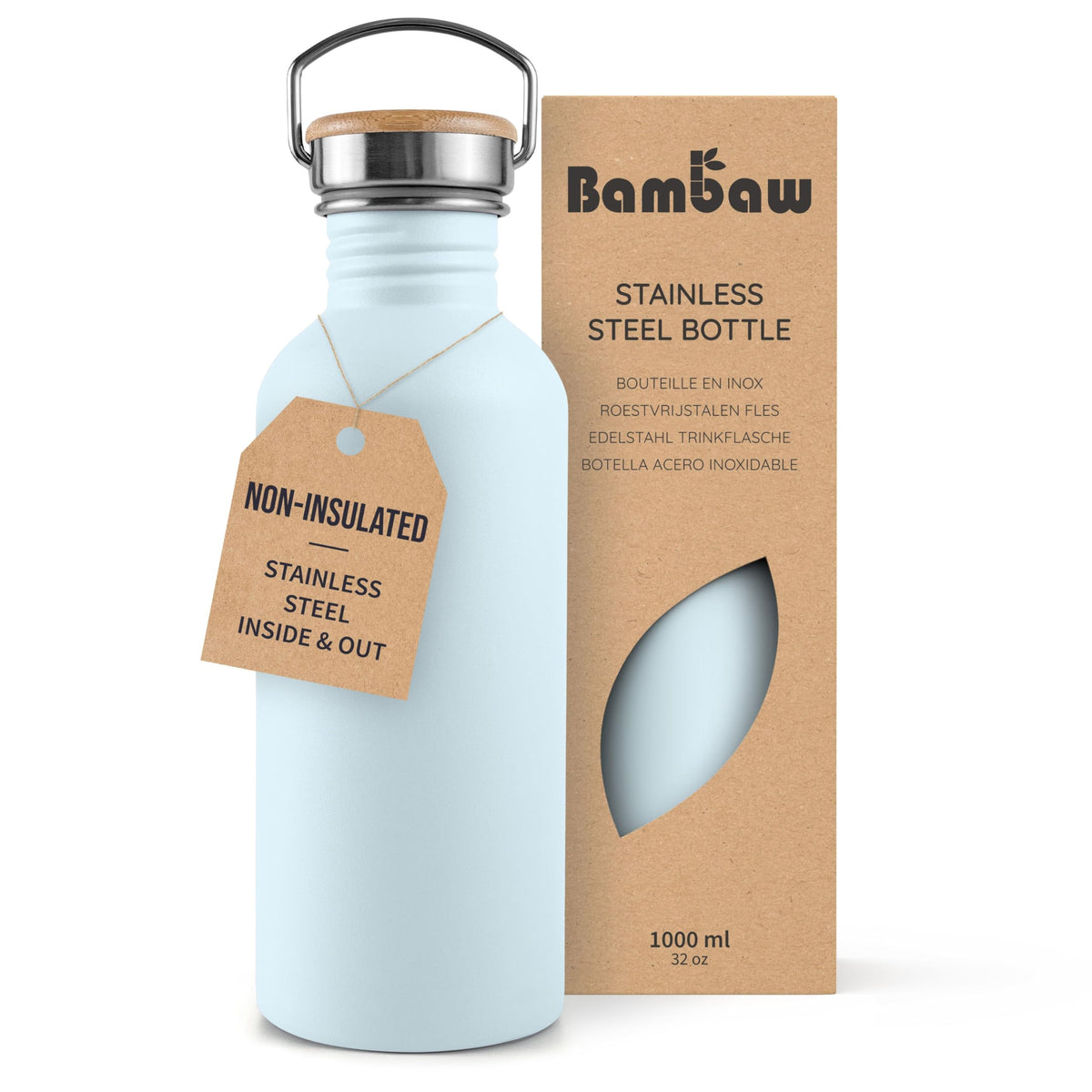 Bambaw Stainless Steel Water Bottles 32 oz, Non-insulated Single Wall Metal Water Bottle Stainless Steel, Reusable & Eco Friendly, Dishwasher Safe – Silver | Non-insulated