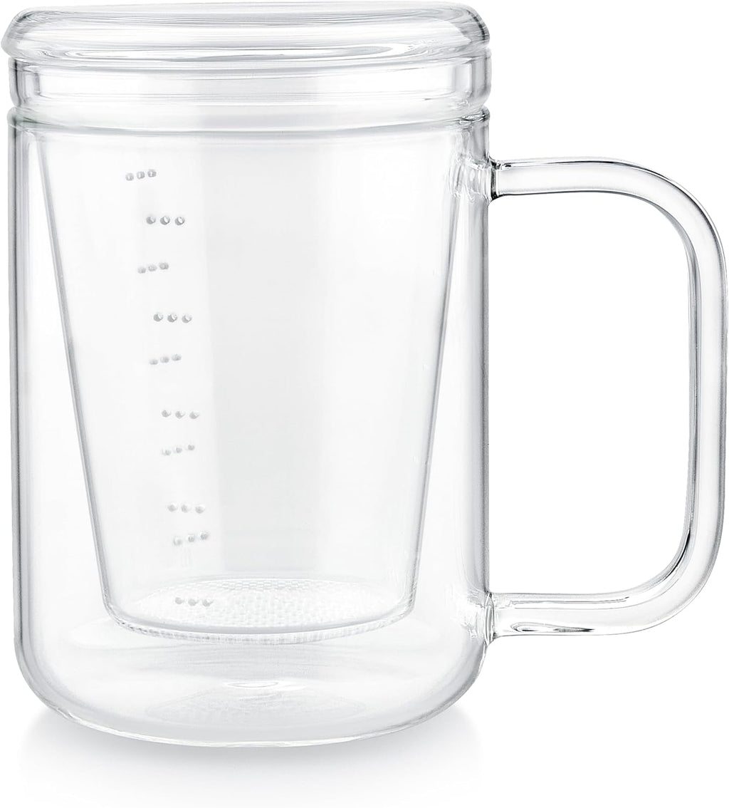 Teabloom Loose Tea Microdot Glass Mug with Lid – 12oz Single-Serve Borosilicate Glass Cup with Infuser for Hot and Cold Beverages