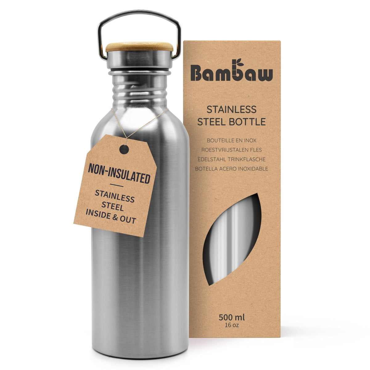 Bambaw Stainless Steel Water Bottles 32 oz, Non-insulated Single Wall Metal Water Bottle Stainless Steel, Reusable & Eco Friendly, Dishwasher Safe – Silver | Non-insulated