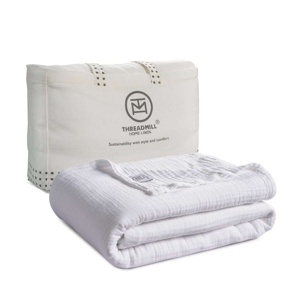 Threadmill Muslin Throw Blanket | 4 Layer 100% Cotton Gauze | Lightweight, Breathable, and Soft All Season Blanket | 50 x 65 Cozy Throw for Sofa, Couch & Bed | Beige