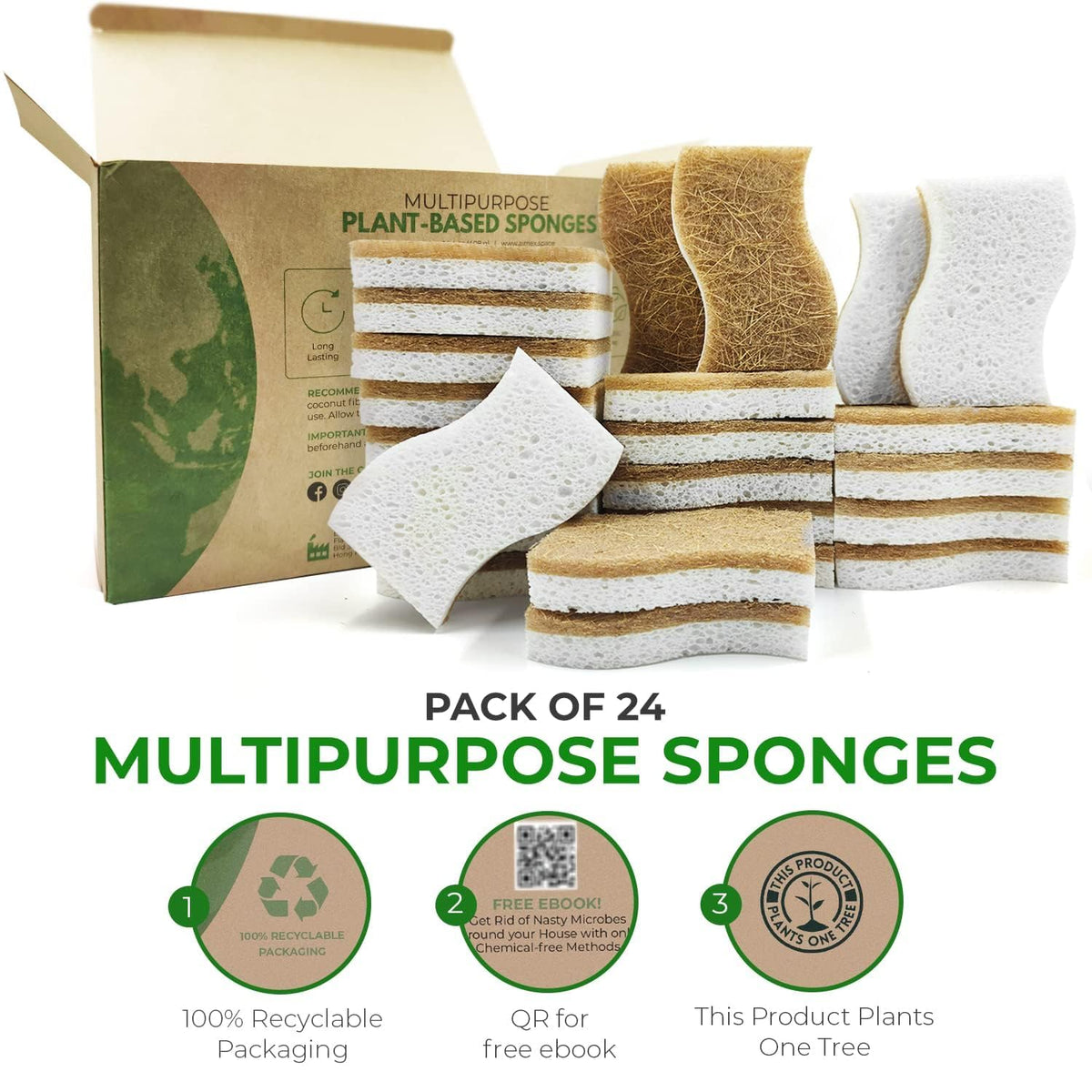 AIRNEX Biodegradable Natural Kitchen Sponge - Compostable Cellulose and Coconut Walnut Scrubber Sponge (12 Pack)