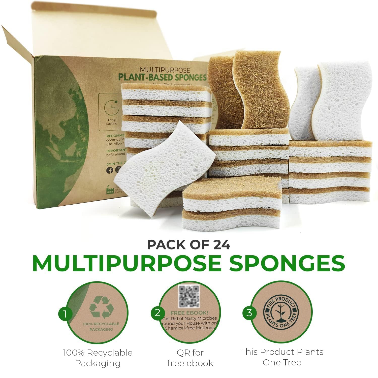 AIRNEX Biodegradable Natural Kitchen Sponge - Compostable Cellulose and Coconut Walnut Scrubber Sponge (12 Pack)