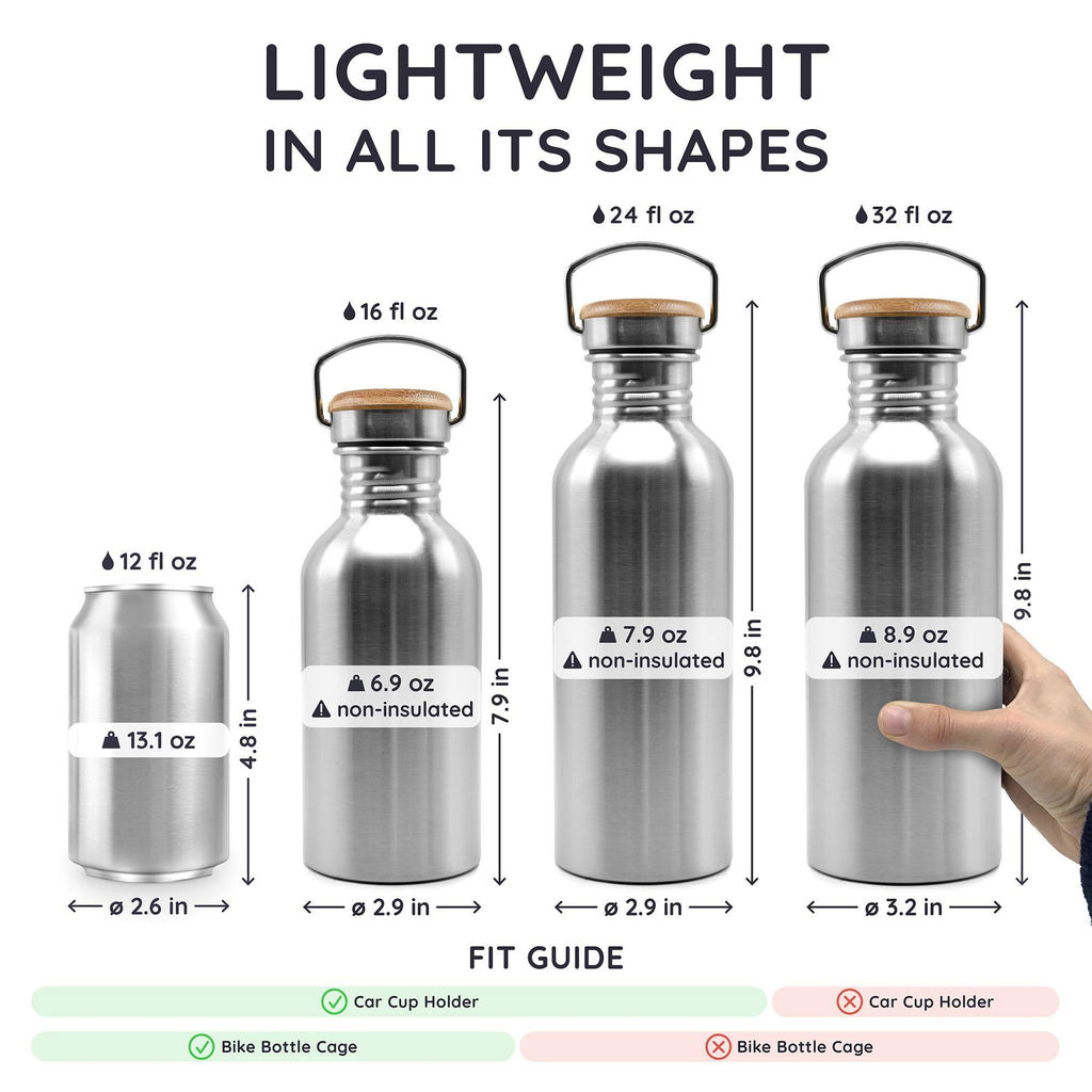Bambaw Stainless Steel Water Bottles 32 oz, Non-insulated Single Wall Metal Water Bottle Stainless Steel, Reusable & Eco Friendly, Dishwasher Safe – Silver | Non-insulated