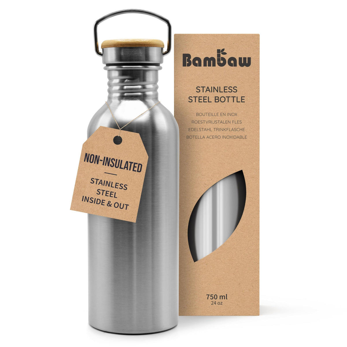 Bambaw Stainless Steel Water Bottles 32 oz, Non-insulated Single Wall Metal Water Bottle Stainless Steel, Reusable & Eco Friendly, Dishwasher Safe – Silver | Non-insulated