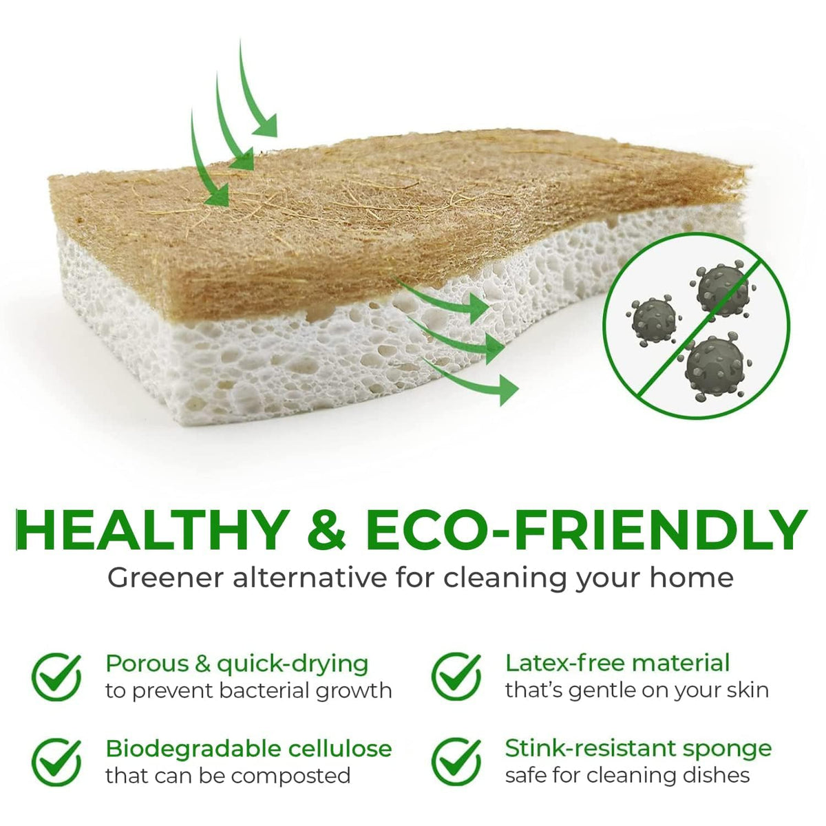 AIRNEX Biodegradable Natural Kitchen Sponge - Compostable Cellulose and Coconut Walnut Scrubber Sponge (12 Pack)