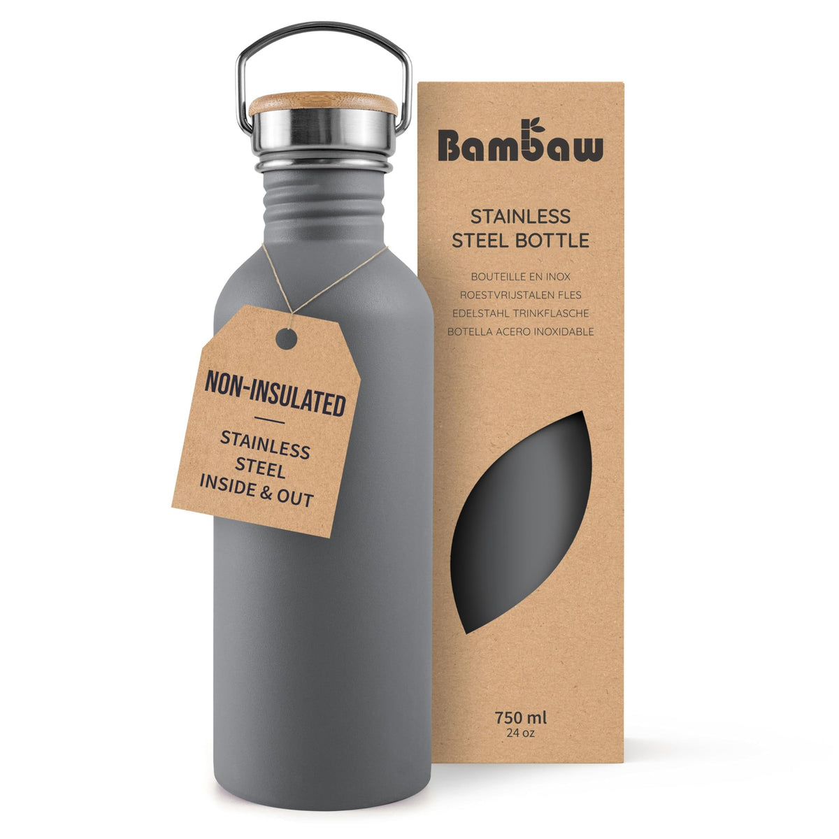 Bambaw Stainless Steel Water Bottles 32 oz, Non-insulated Single Wall Metal Water Bottle Stainless Steel, Reusable & Eco Friendly, Dishwasher Safe – Silver | Non-insulated