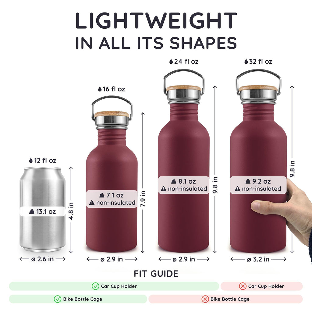 Bambaw Stainless Steel Water Bottles 32 oz, Non-insulated Single Wall Metal Water Bottle Stainless Steel, Reusable & Eco Friendly, Dishwasher Safe – Silver | Non-insulated