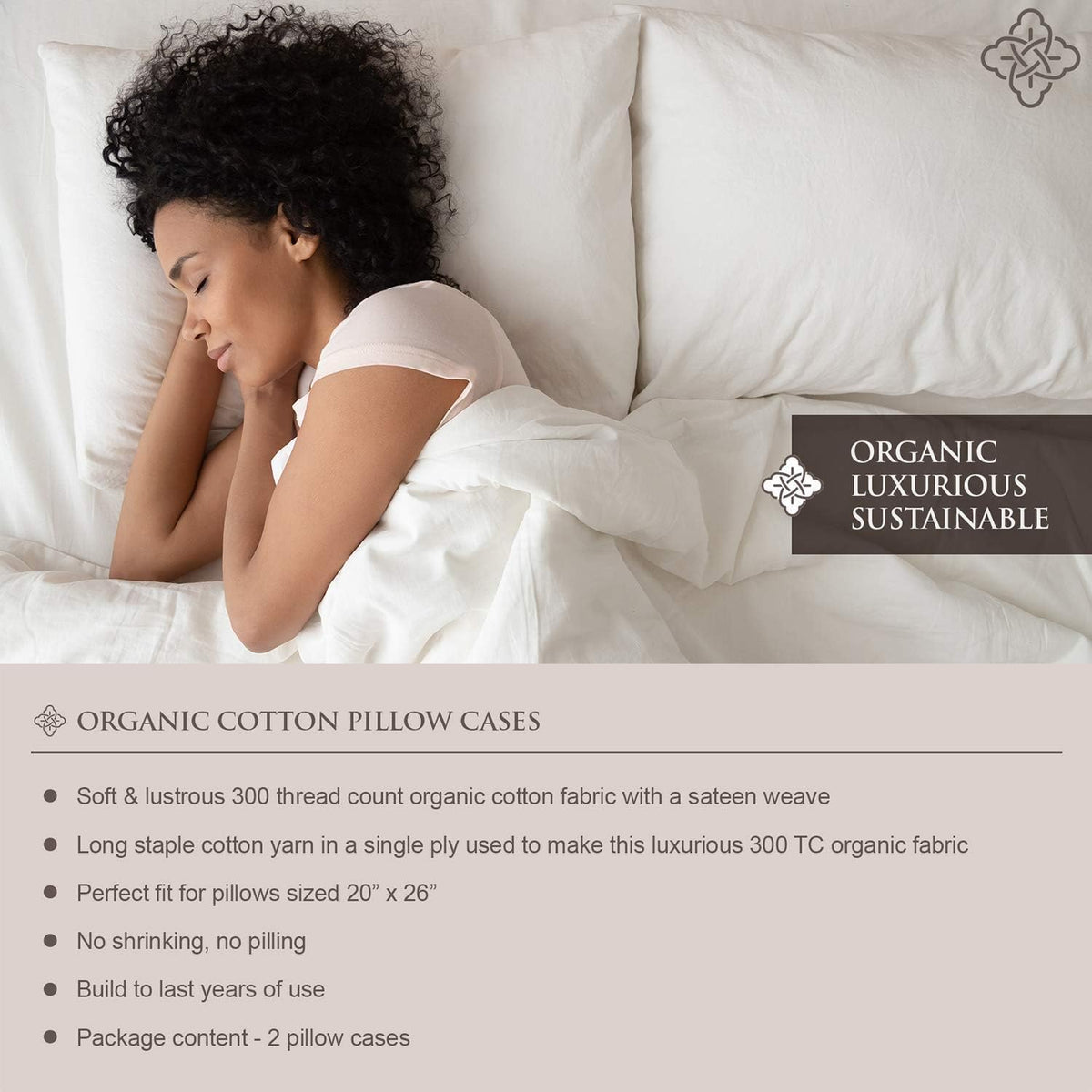 BIOWEAVES 100% Organic Cotton Pillow Cases 300 Thread Count Soft Sateen Weave GOTS Certified – Standard/Queen Size, Set of 2, Natural