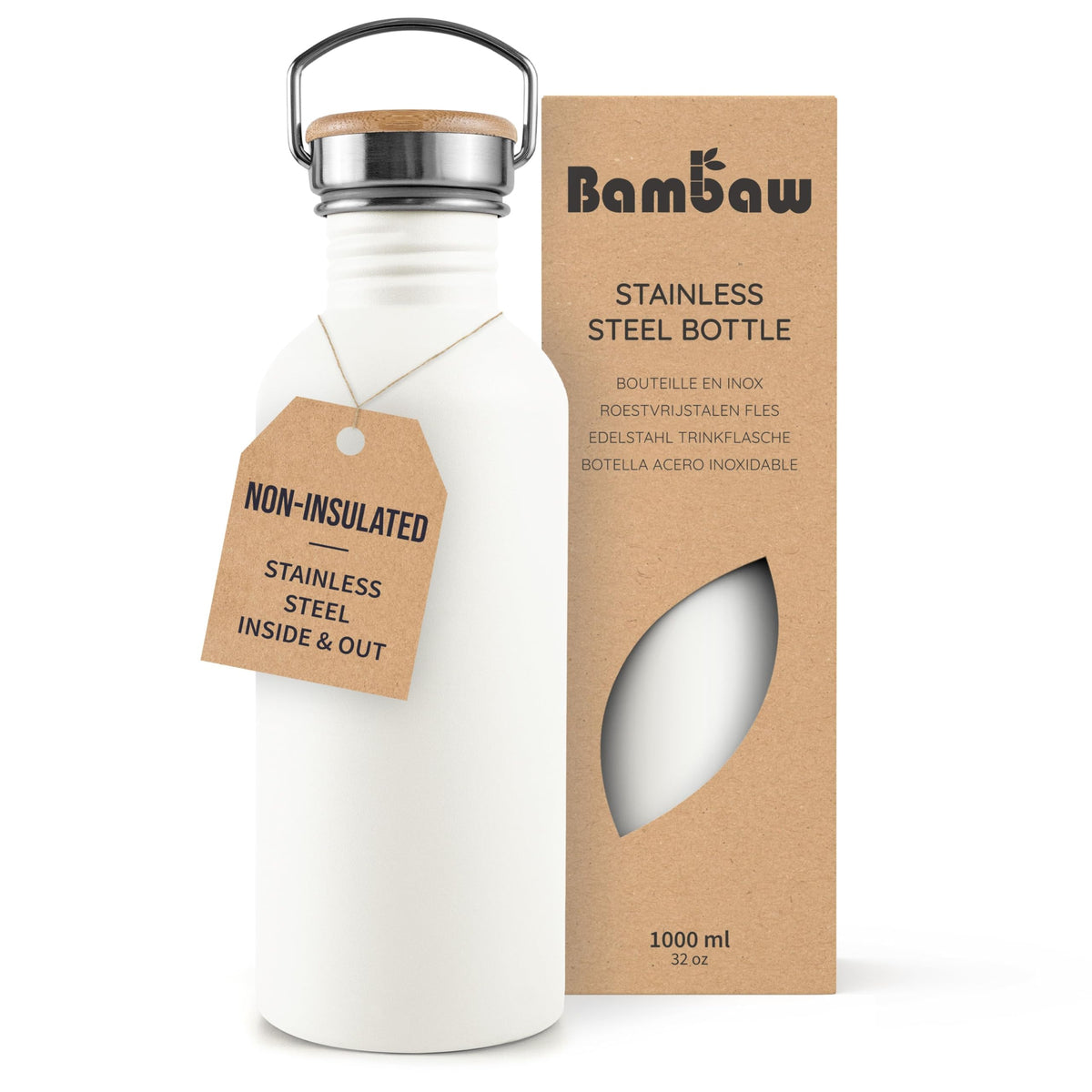 Bambaw Stainless Steel Water Bottles 32 oz, Non-insulated Single Wall Metal Water Bottle Stainless Steel, Reusable & Eco Friendly, Dishwasher Safe – Silver | Non-insulated