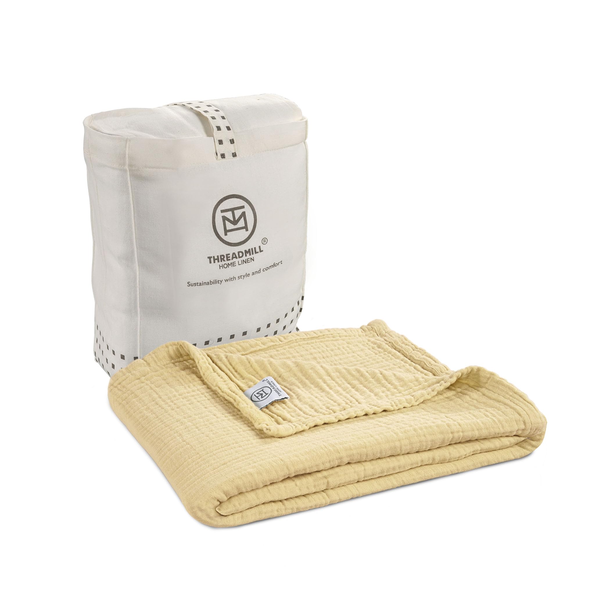 Threadmill Muslin Throw Blanket | 4 Layer 100% Cotton Gauze | Lightweight, Breathable, and Soft All Season Blanket | 50 x 65 Cozy Throw for Sofa, Couch & Bed | Beige