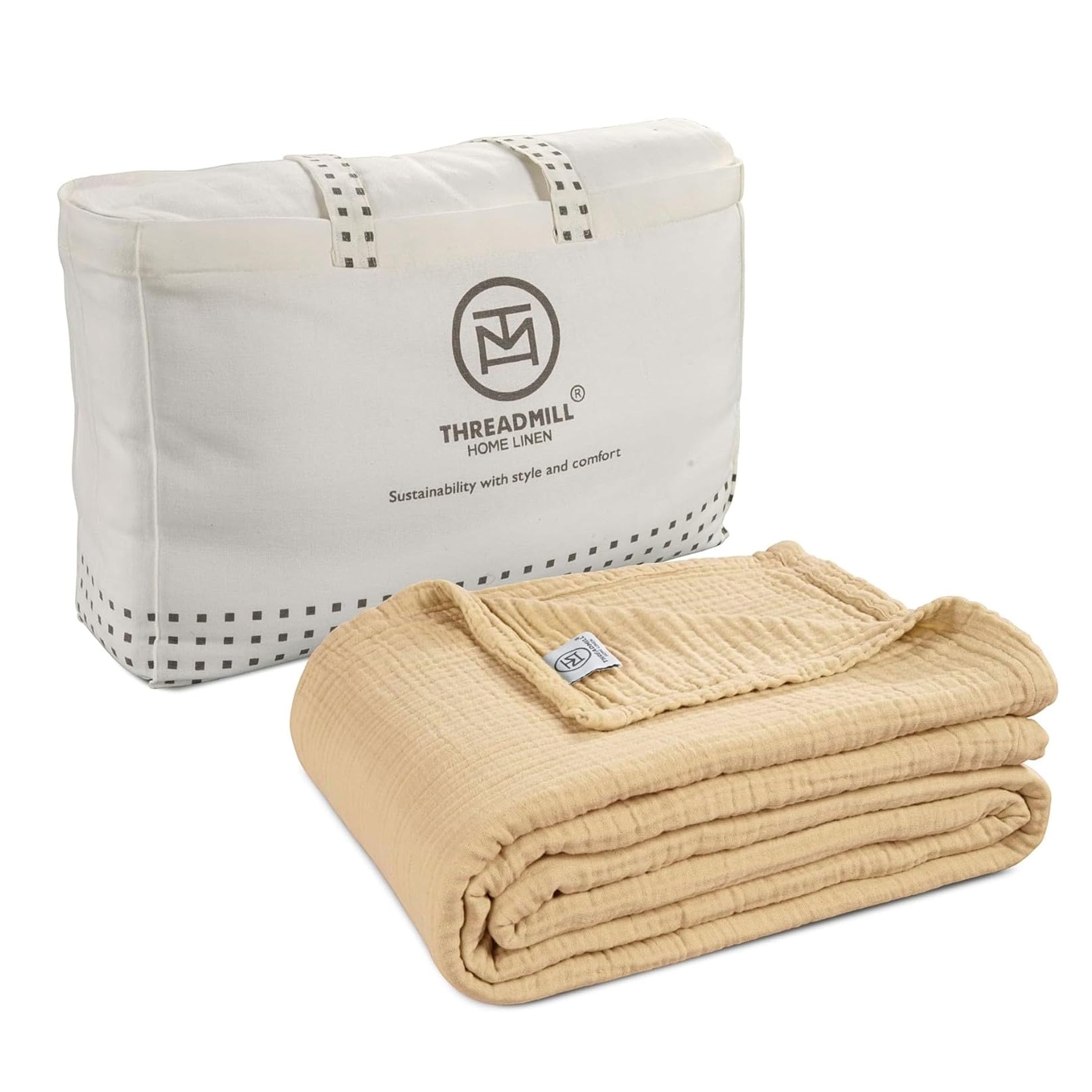 Threadmill Muslin Throw Blanket | 4 Layer 100% Cotton Gauze | Lightweight, Breathable, and Soft All Season Blanket | 50 x 65 Cozy Throw for Sofa, Couch & Bed | Beige