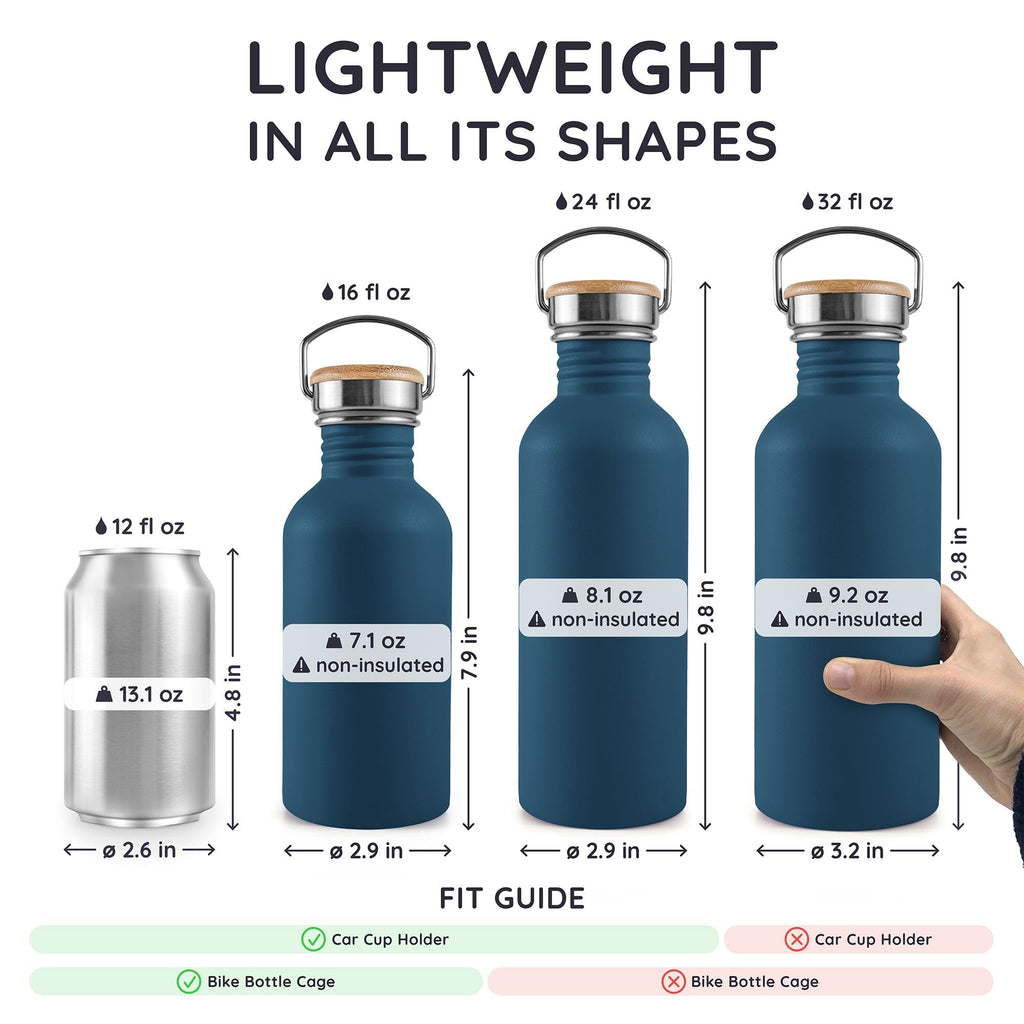 Bambaw Stainless Steel Water Bottles 32 oz, Non-insulated Single Wall Metal Water Bottle Stainless Steel, Reusable & Eco Friendly, Dishwasher Safe – Silver | Non-insulated