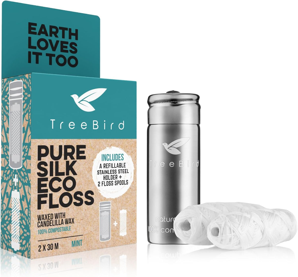 TreeBird Pure Silk Eco Floss Kit - Refillable Floss Dispenser (Stainless Steel) + 2×33 yd Silk Refills | Waxed with Candelilla Wax | Mint