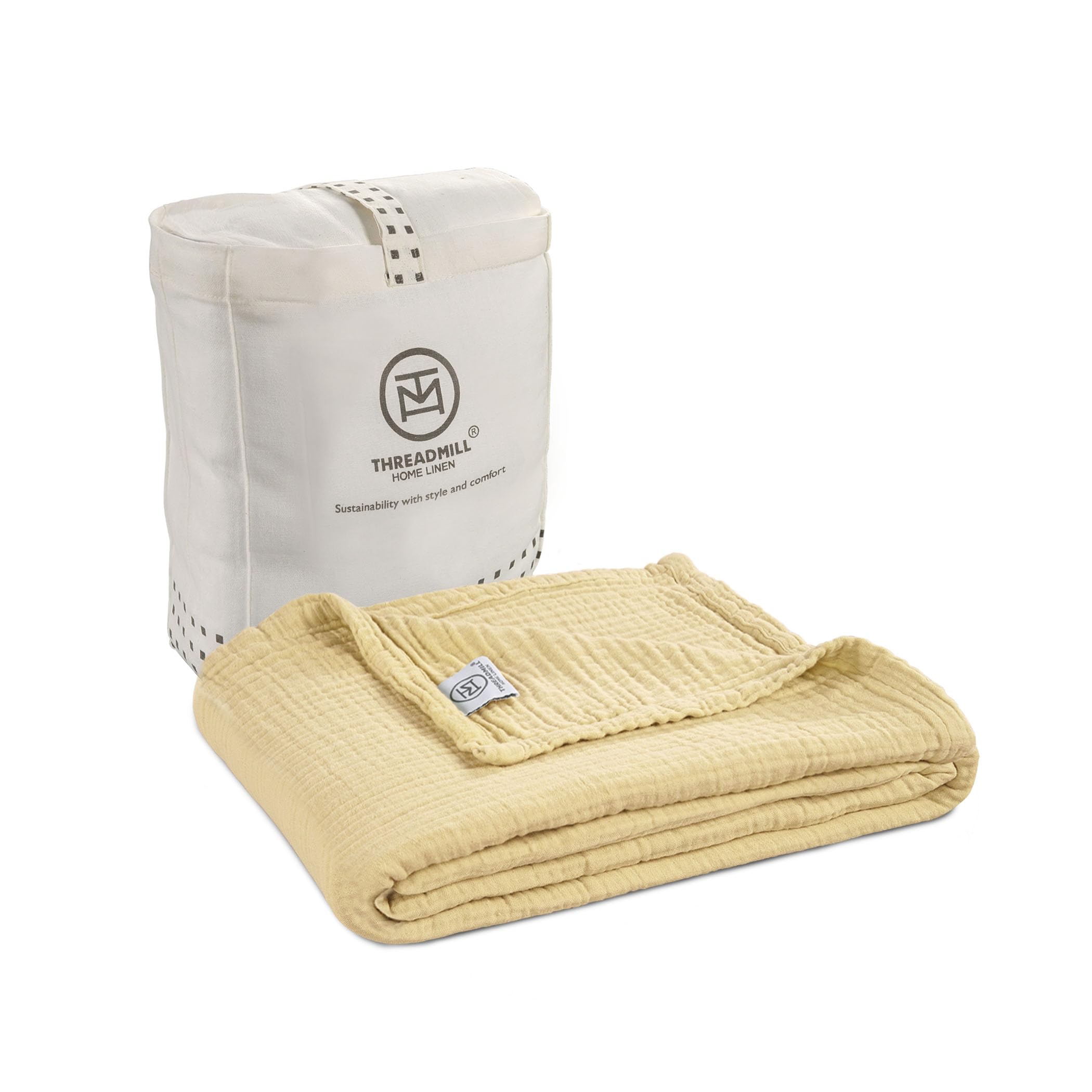 Threadmill Muslin Throw Blanket | 4 Layer 100% Cotton Gauze | Lightweight, Breathable, and Soft All Season Blanket | 50 x 65 Cozy Throw for Sofa, Couch & Bed | Beige