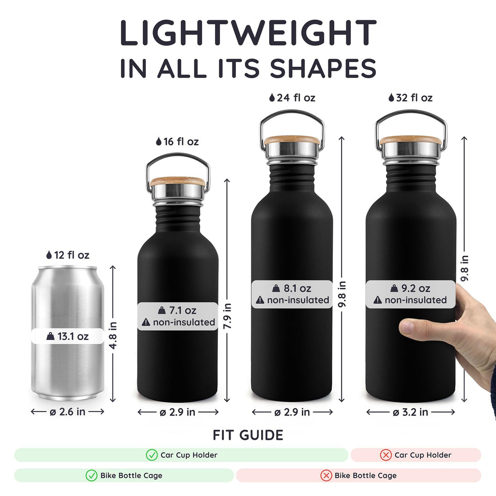 Bambaw Stainless Steel Water Bottles 32 oz, Non-insulated Single Wall Metal Water Bottle Stainless Steel, Reusable & Eco Friendly, Dishwasher Safe – Silver | Non-insulated