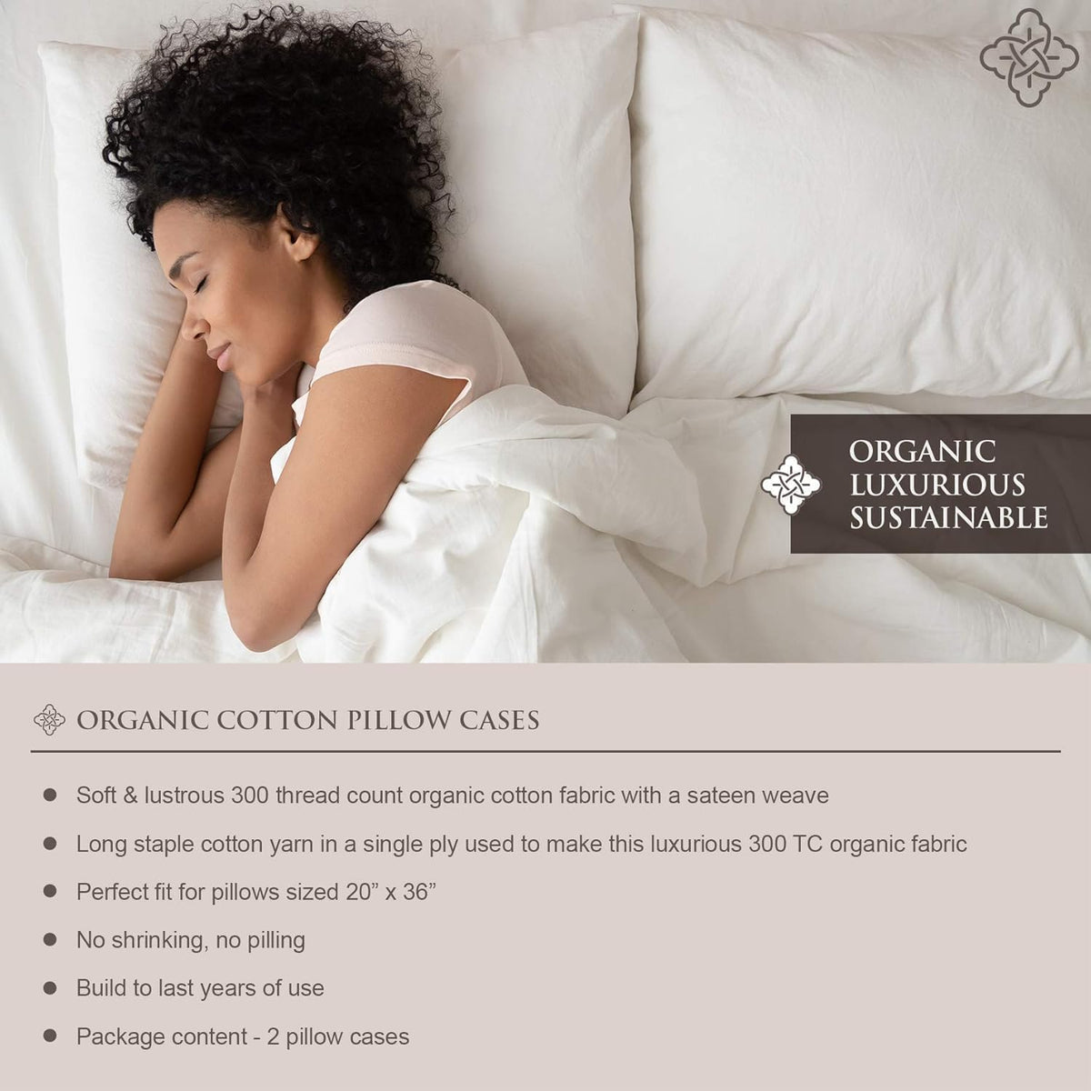 BIOWEAVES 100% Organic Cotton Pillow Cases 300 Thread Count Soft Sateen Weave GOTS Certified – Standard/Queen Size, Set of 2, Natural