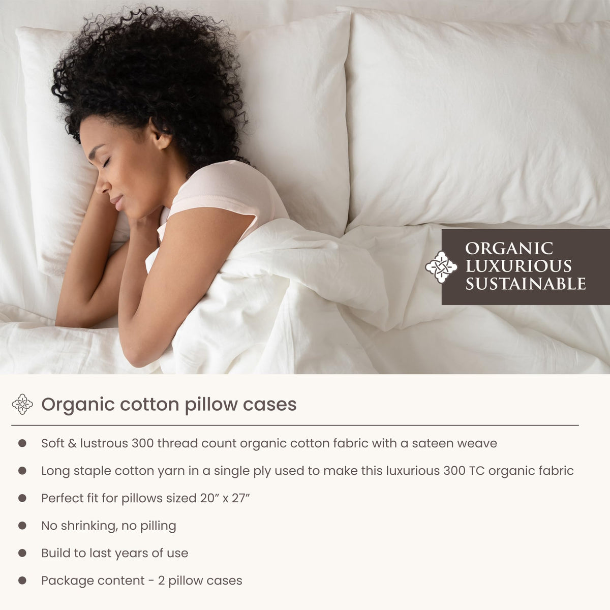 BIOWEAVES 100% Organic Cotton Pillow Cases 300 Thread Count Soft Sateen Weave GOTS Certified – Standard/Queen Size, Set of 2, Natural
